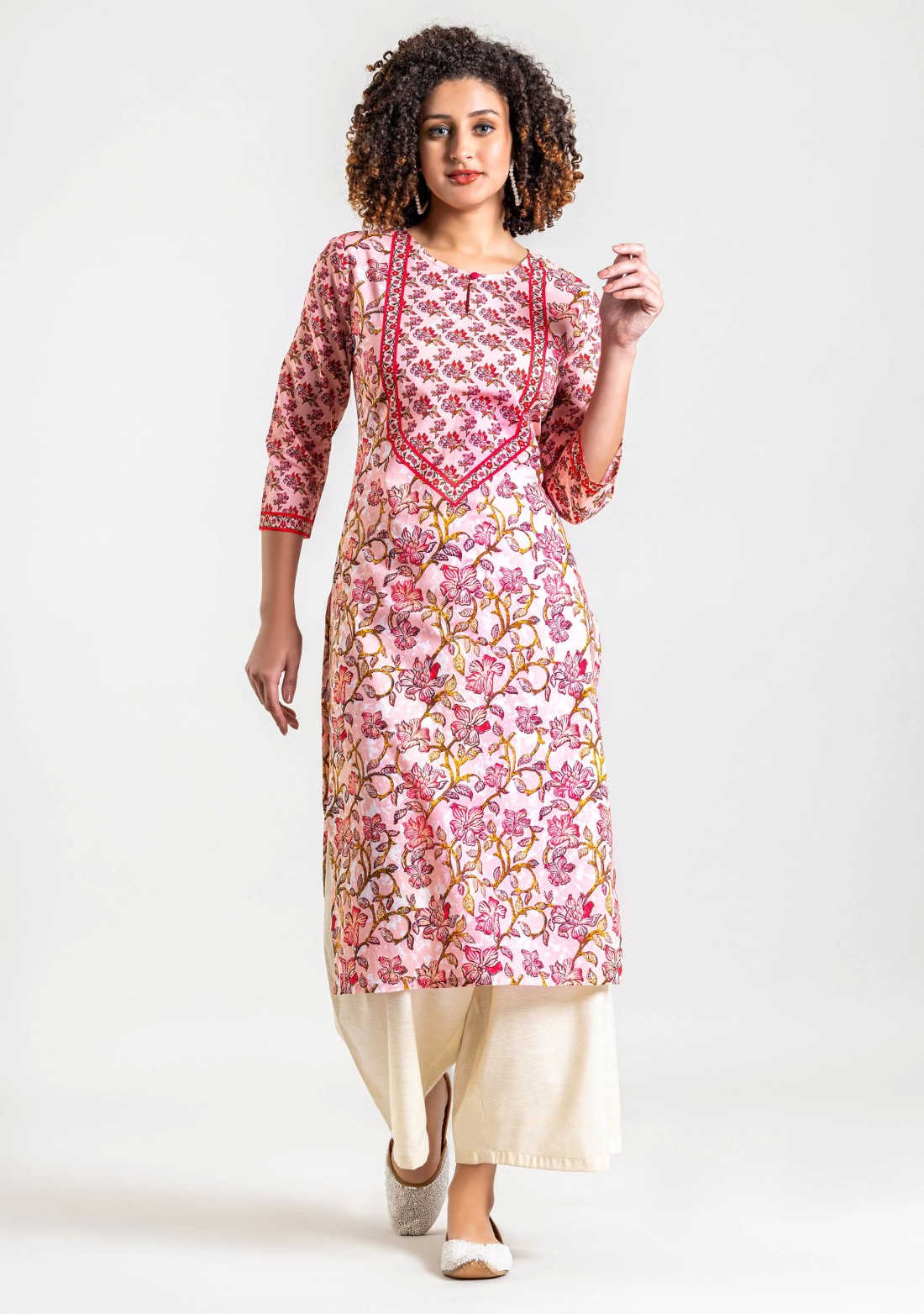 Soft Pink Ethnic Floral Print Cotton Straight Kurta