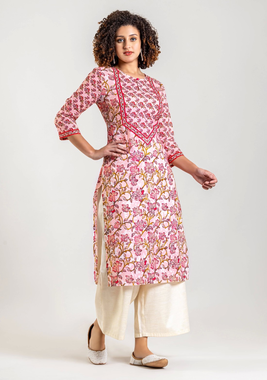 Soft Pink Ethnic Floral Print Cotton Straight Kurta