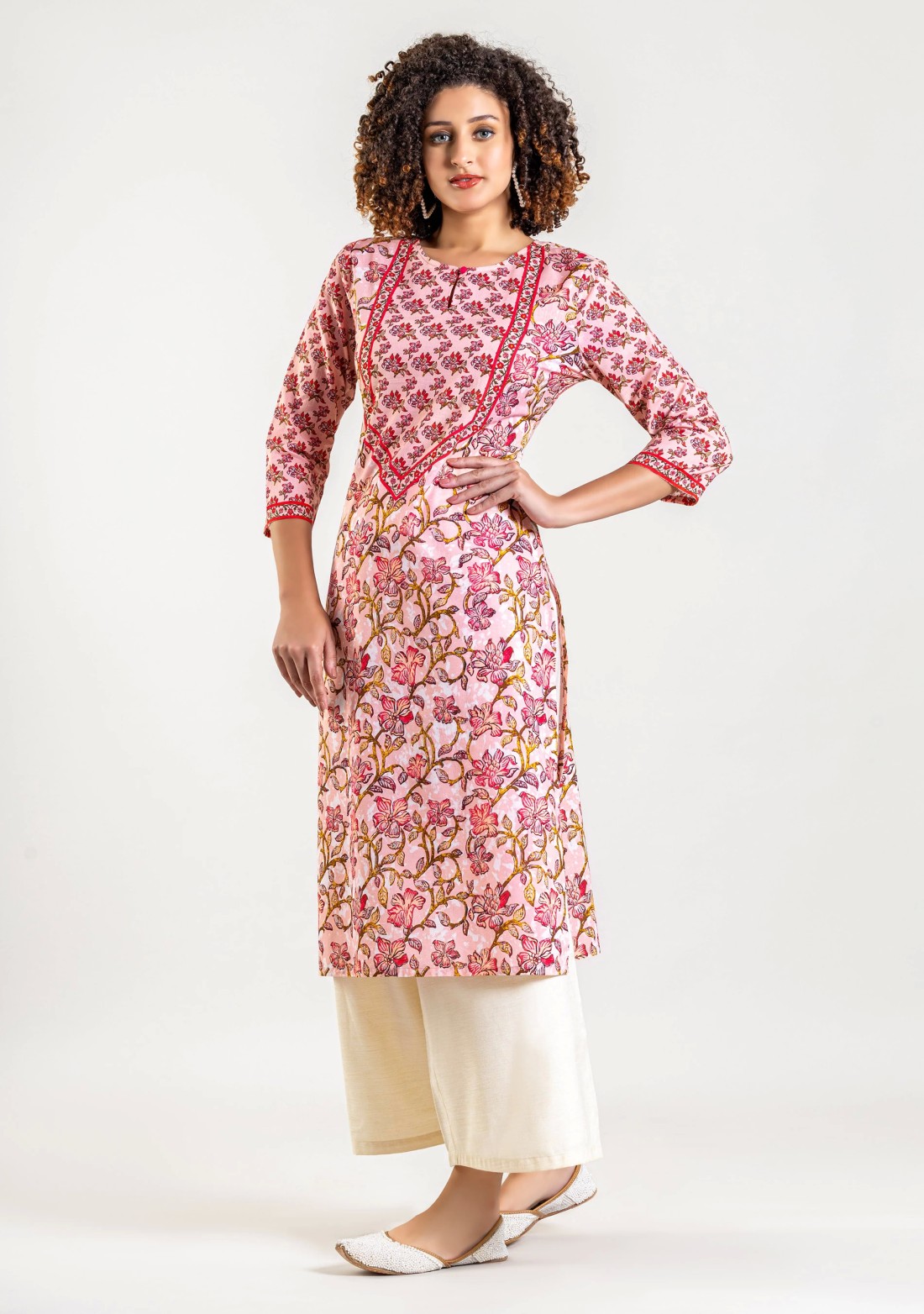 Soft Pink Ethnic Floral Print Cotton Straight Kurta