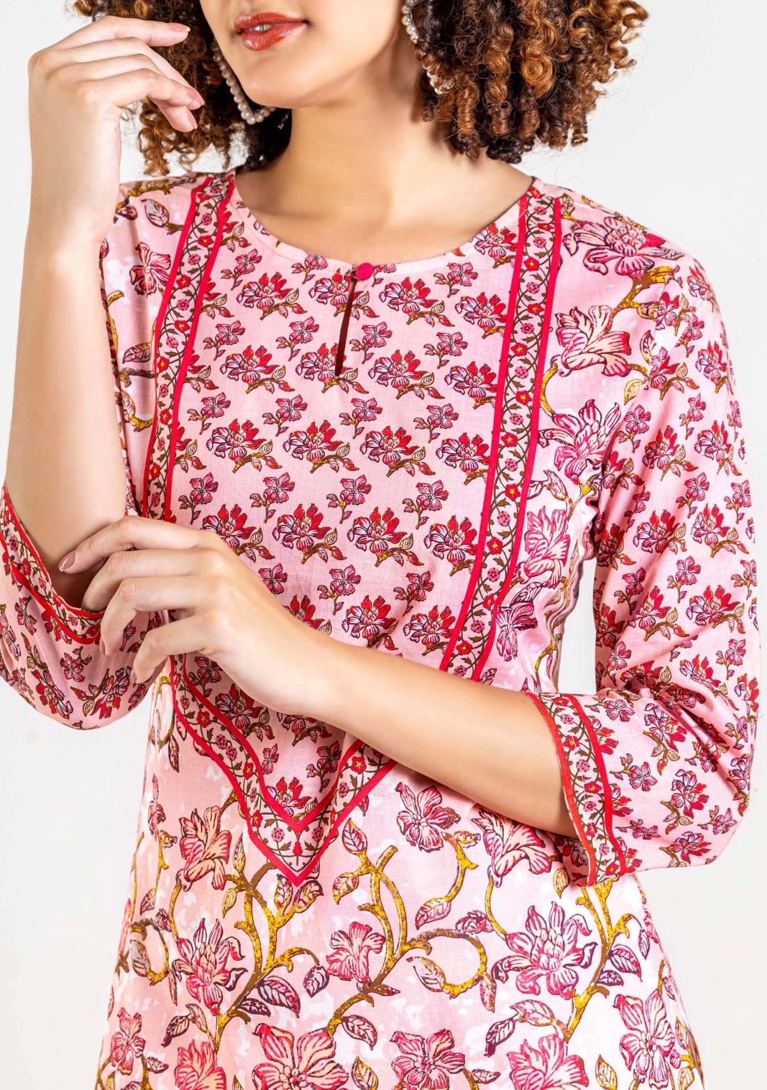 Soft Pink Ethnic Floral Print Cotton Straight Kurta