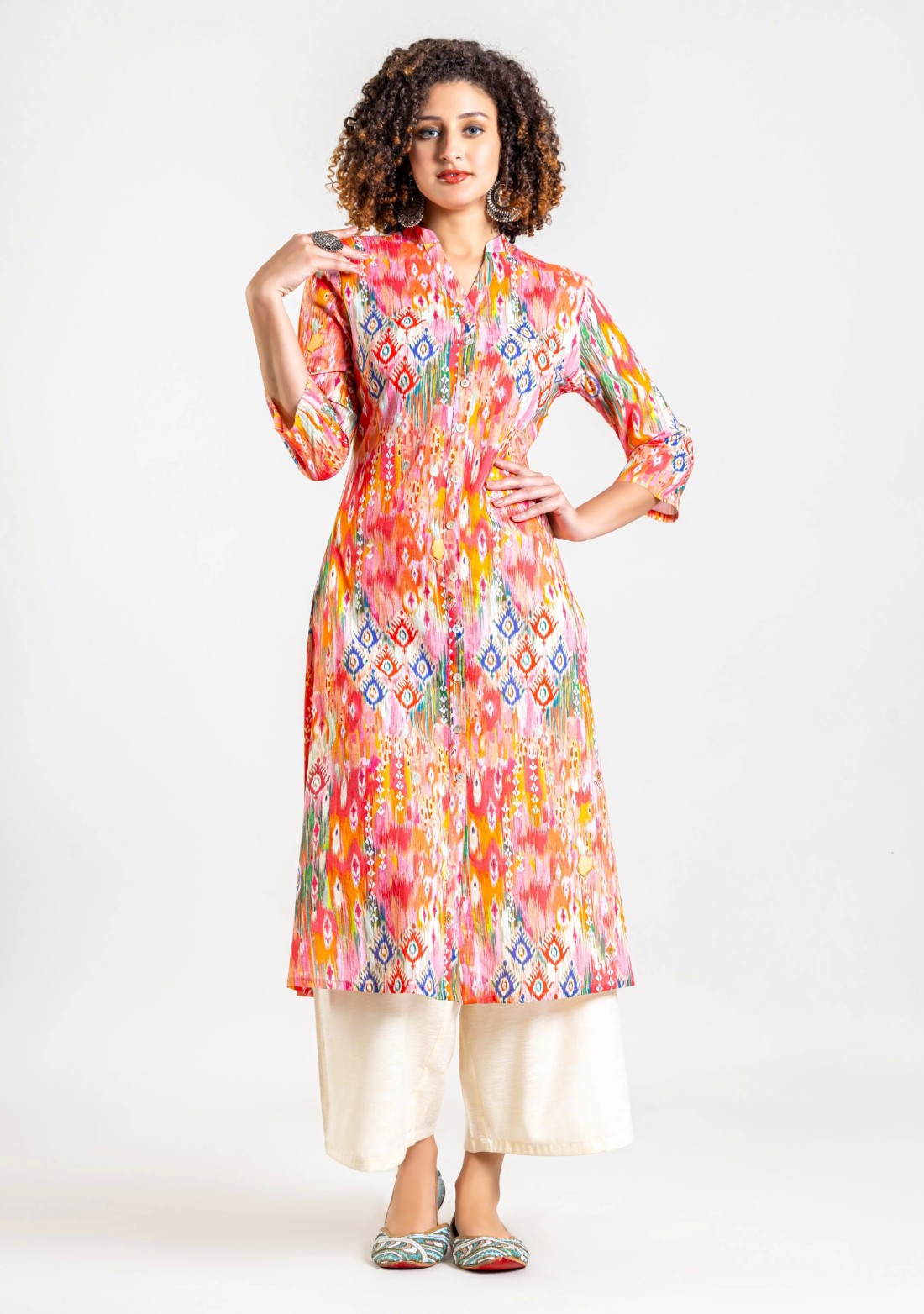 Multi Colour Mixed Print Cotton Straight Kurta