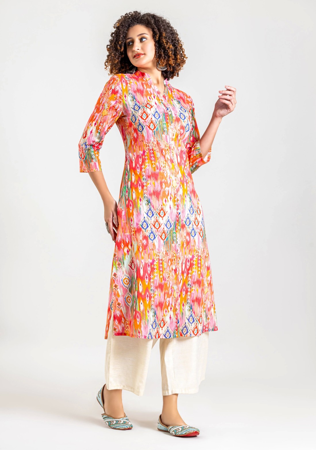 Multi Colour Mixed Print Cotton Straight Kurta