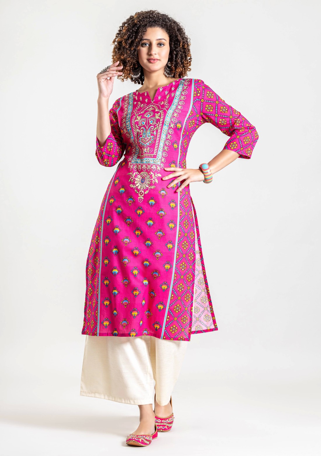 Fuchsia Pink Ethnic Print Cotton Straight Kurta