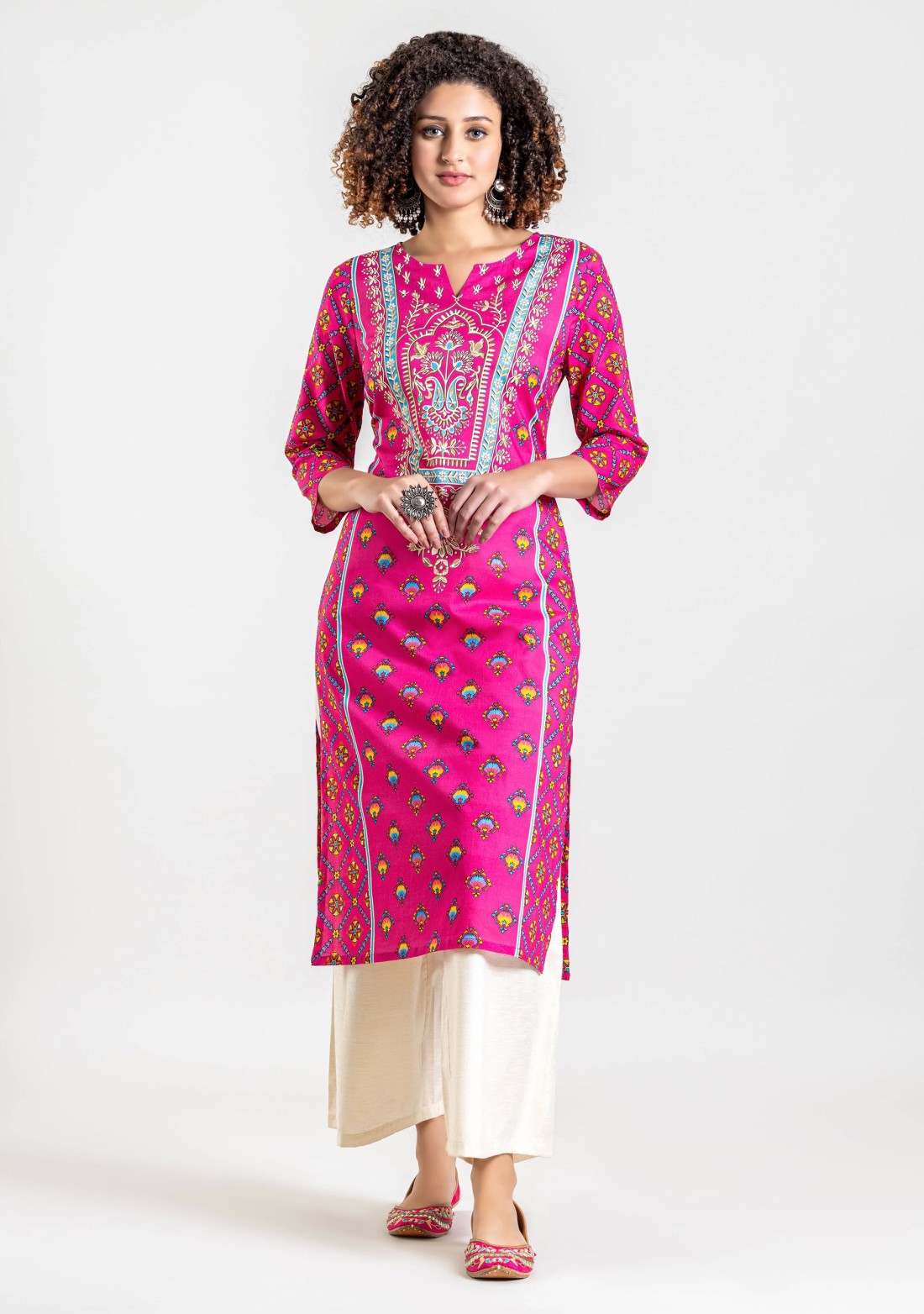 Fuchsia Pink Ethnic Print Cotton Straight Kurta