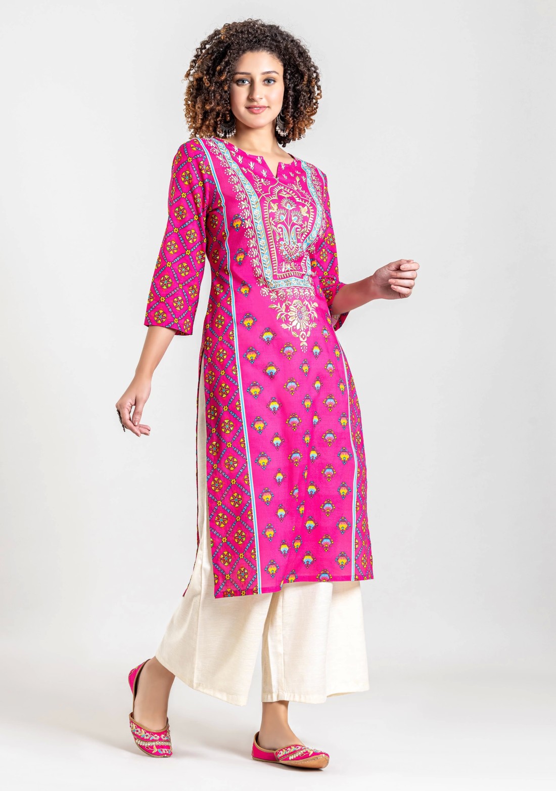 Fuchsia Pink Ethnic Print Cotton Straight Kurta