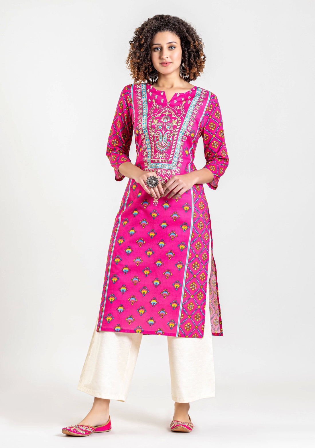 Fuchsia Pink Ethnic Print Cotton Straight Kurta