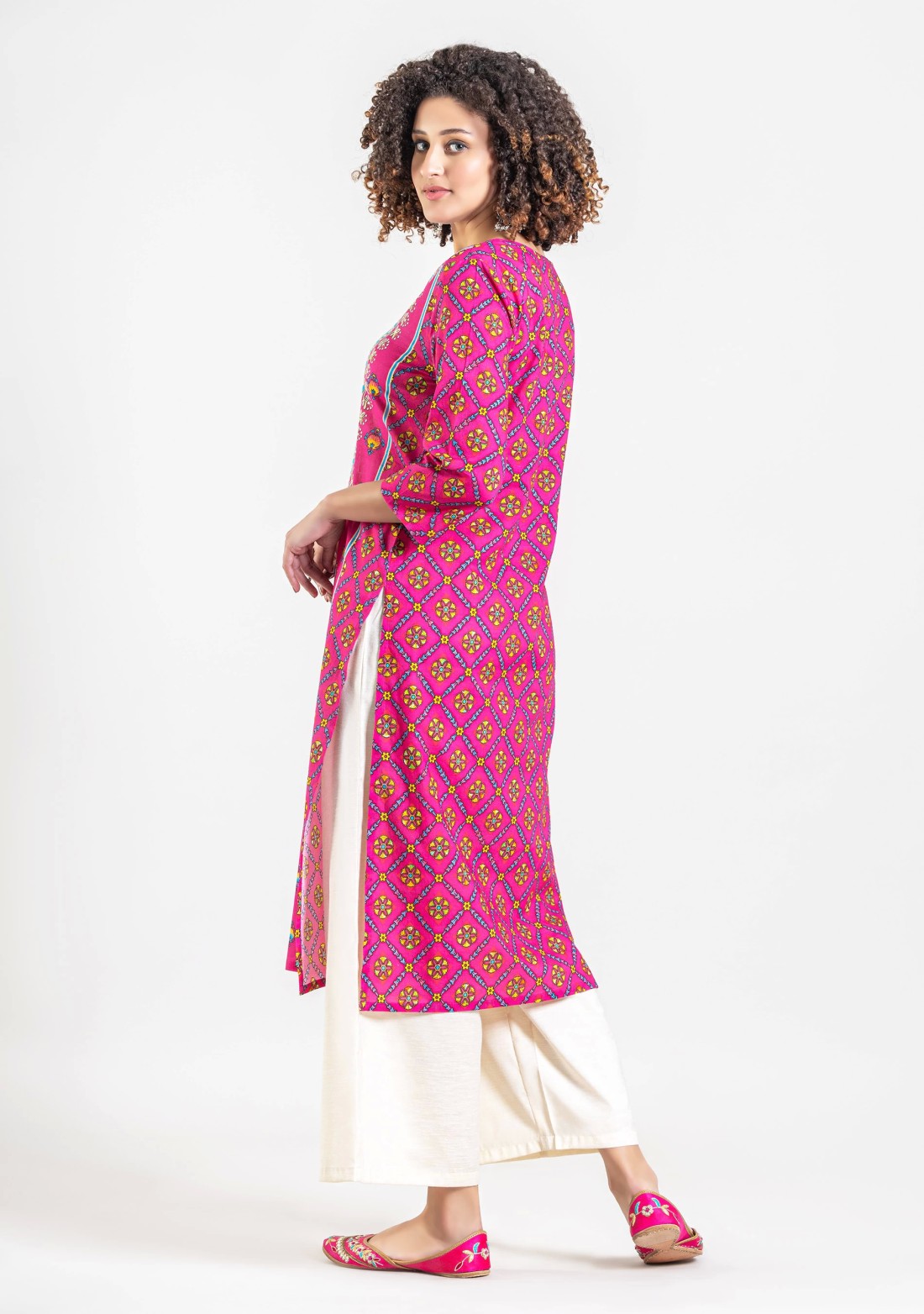 Fuchsia Pink Ethnic Print Cotton Straight Kurta