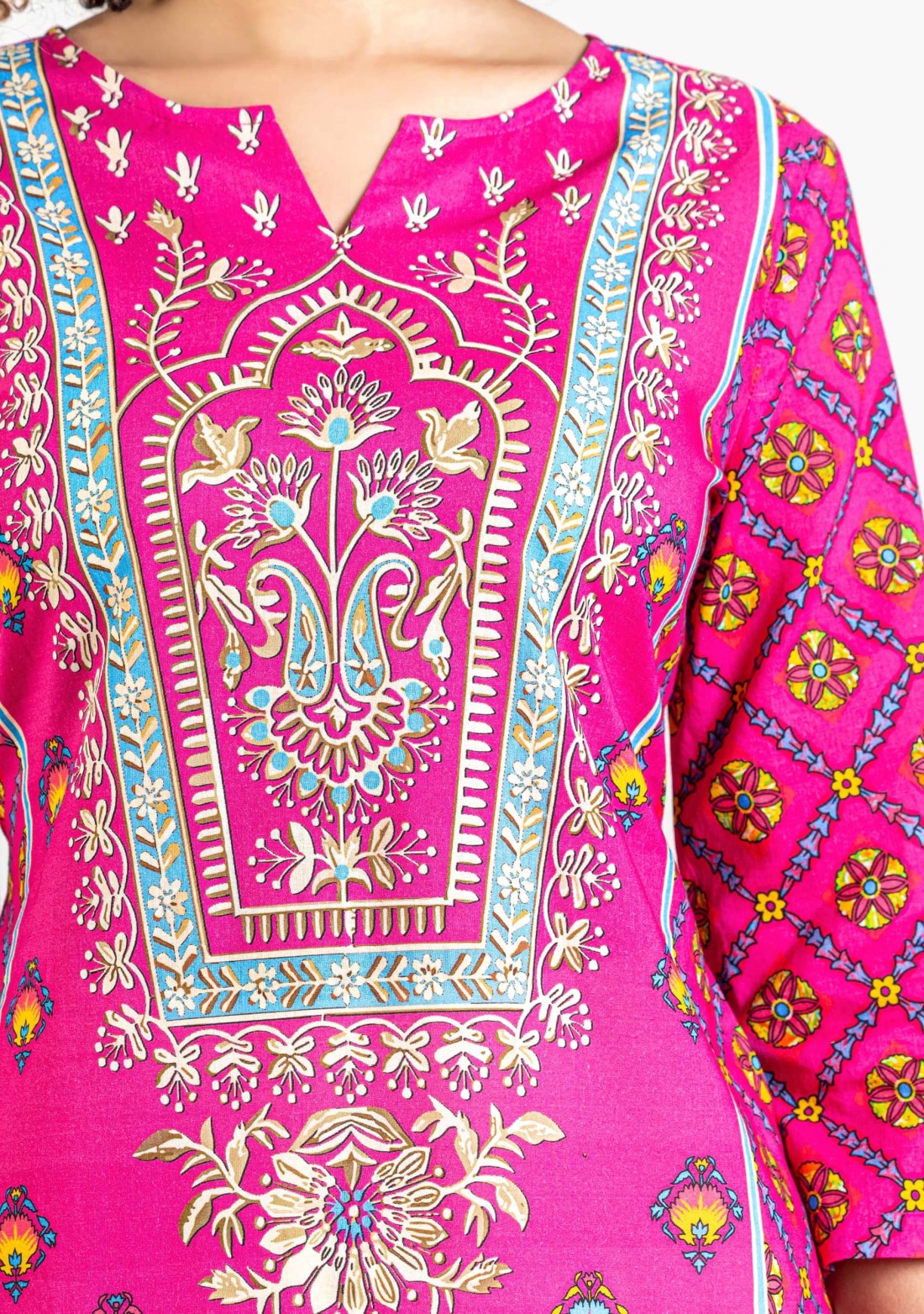 Fuchsia Pink Ethnic Print Cotton Straight Kurta