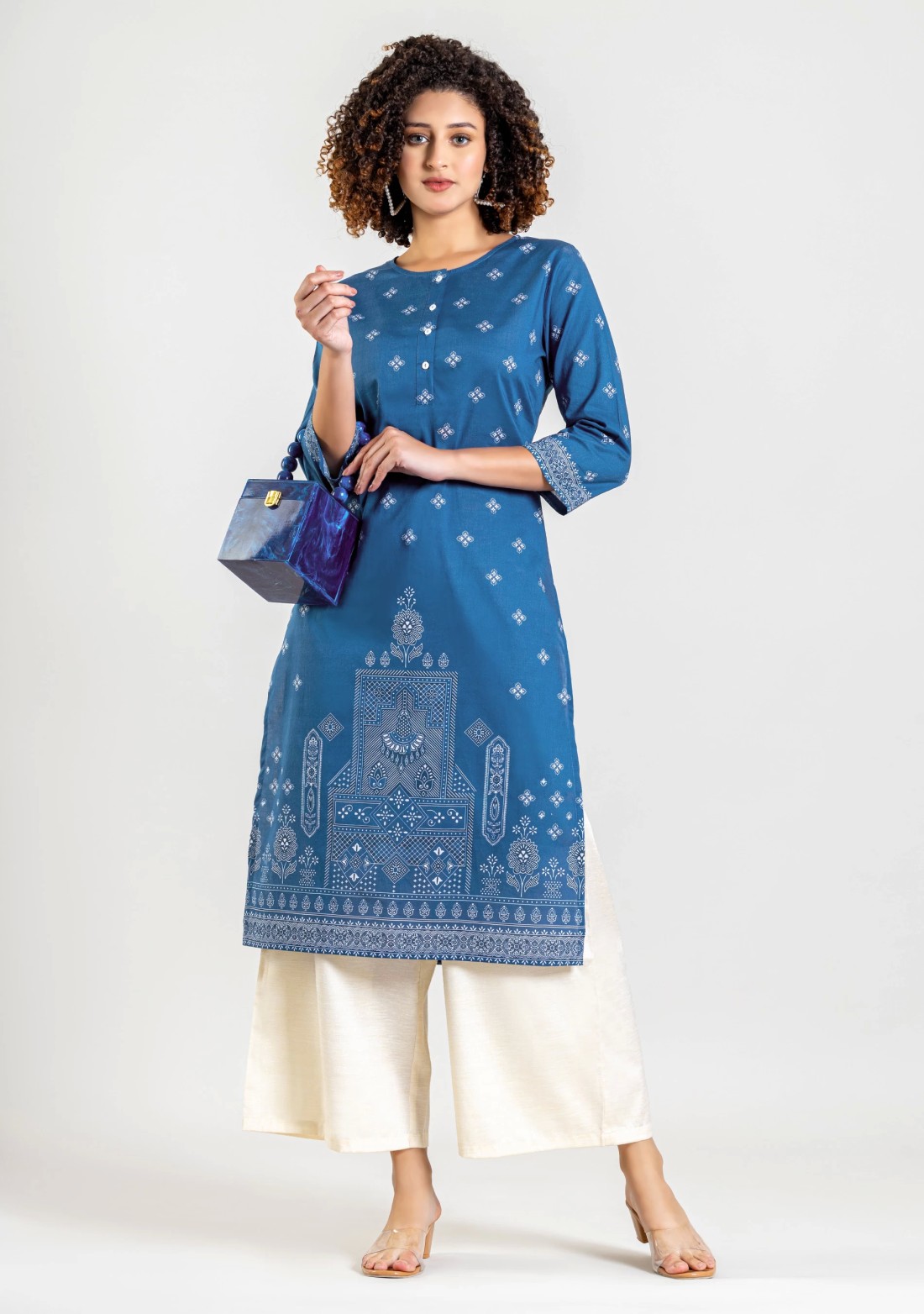 Blue Ethnic Print Cotton Straight Kurta