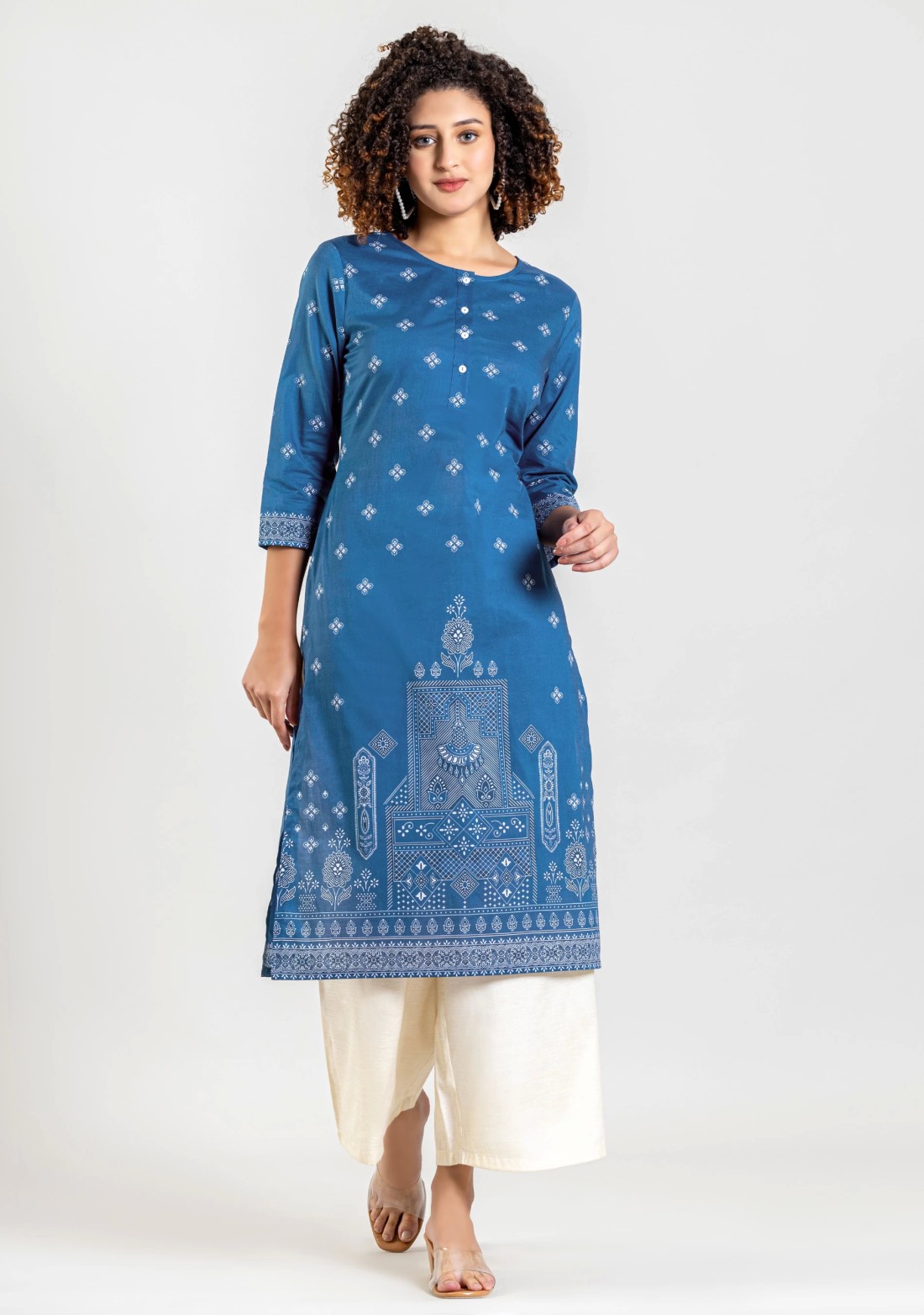 Blue Ethnic Print Cotton Straight Kurta