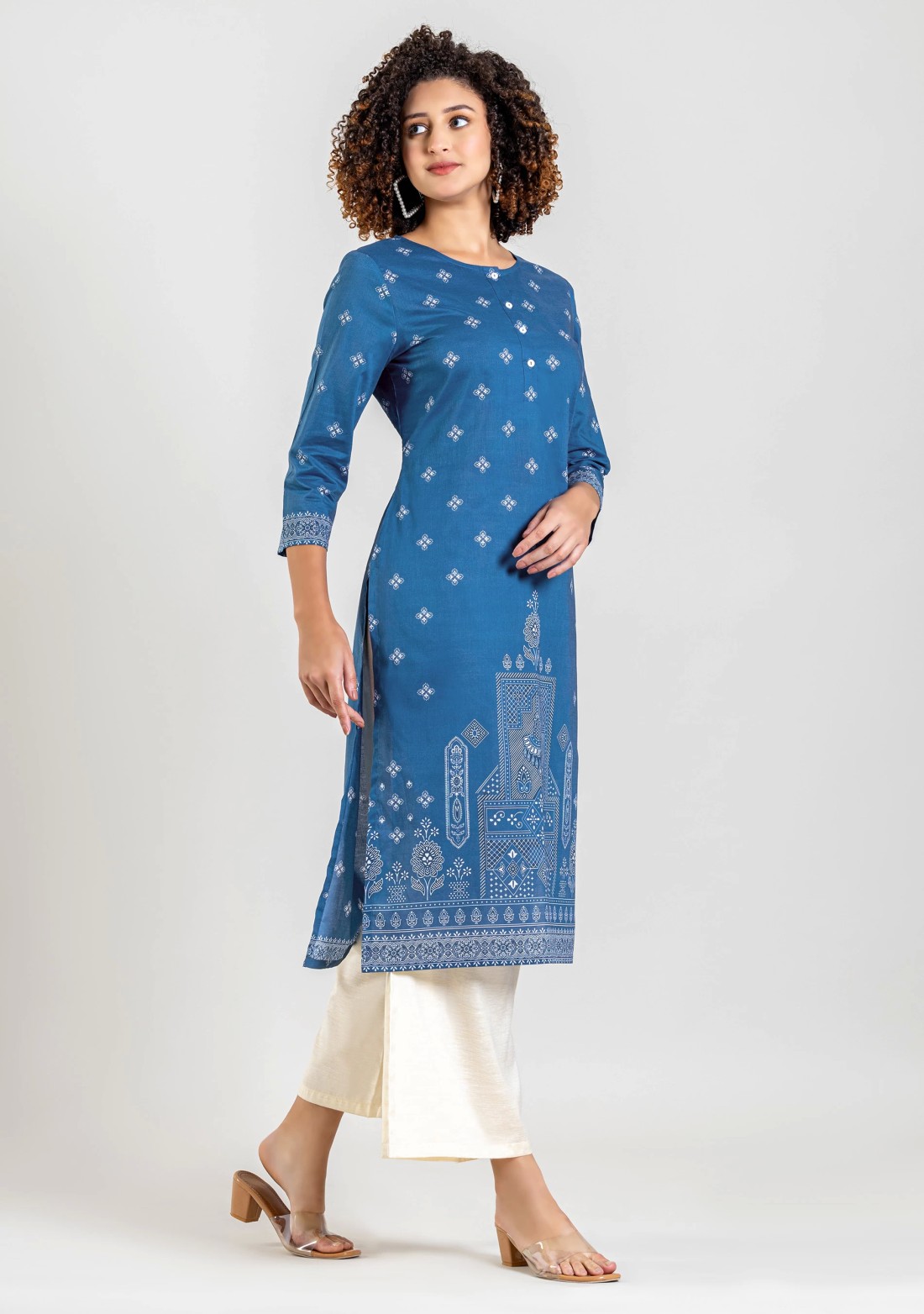 Blue Ethnic Print Cotton Straight Kurta