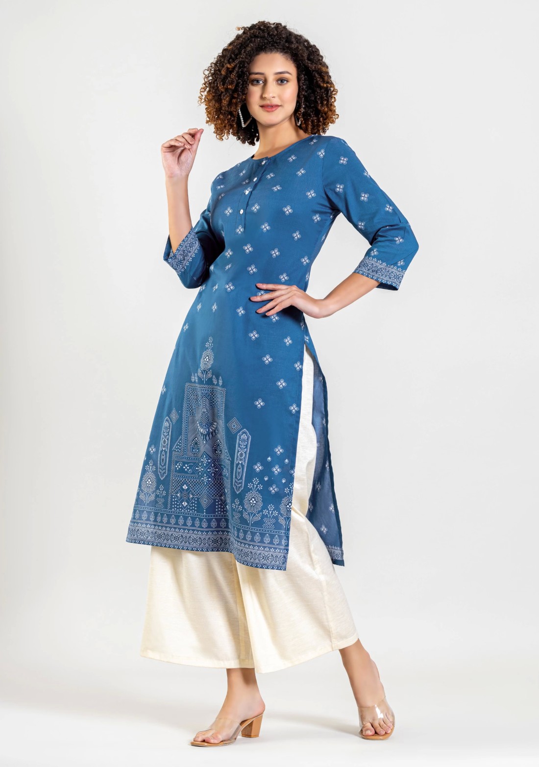 Blue Ethnic Print Cotton Straight Kurta