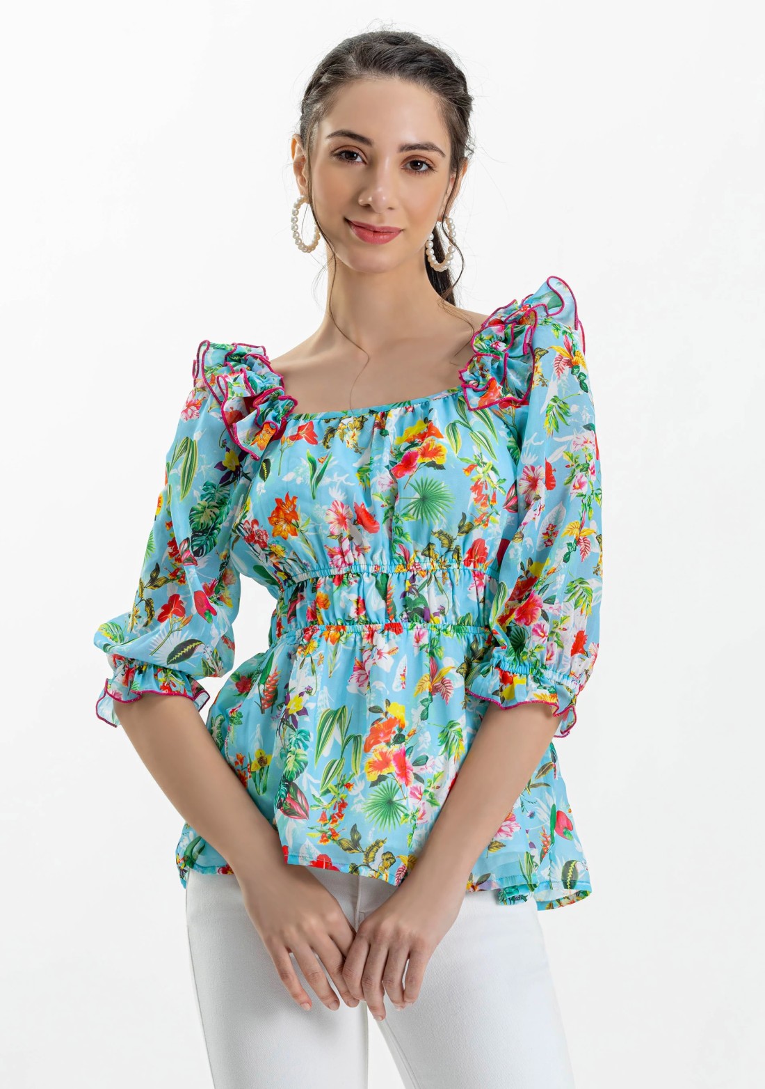 Blue Tropical Print Georgette Peplum Top