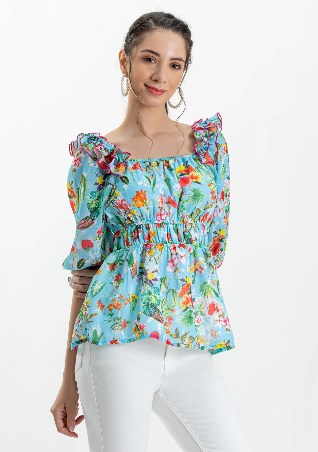 Blue Tropical Print Georgette Peplum Top