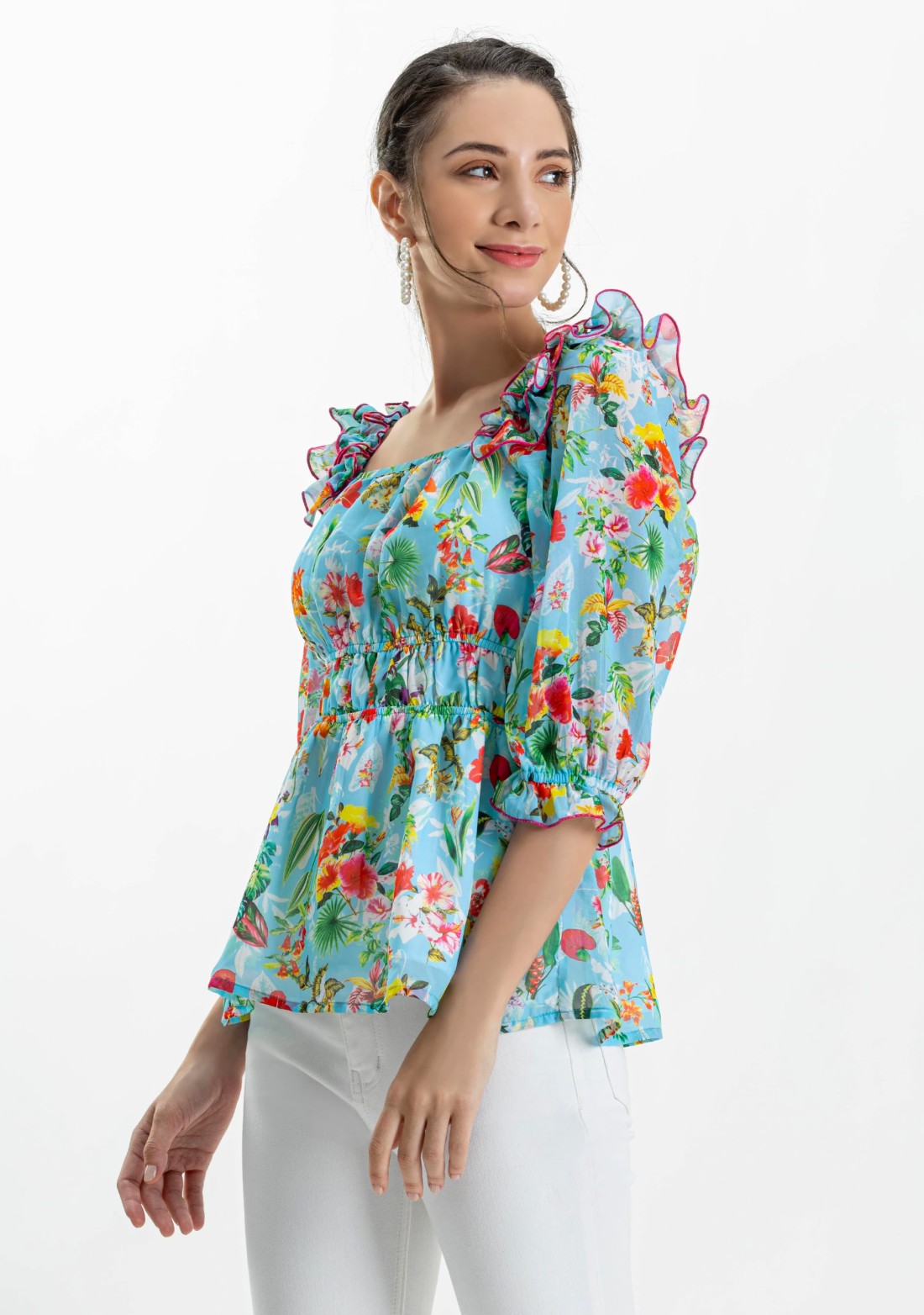 Blue Tropical Print Georgette Peplum Top