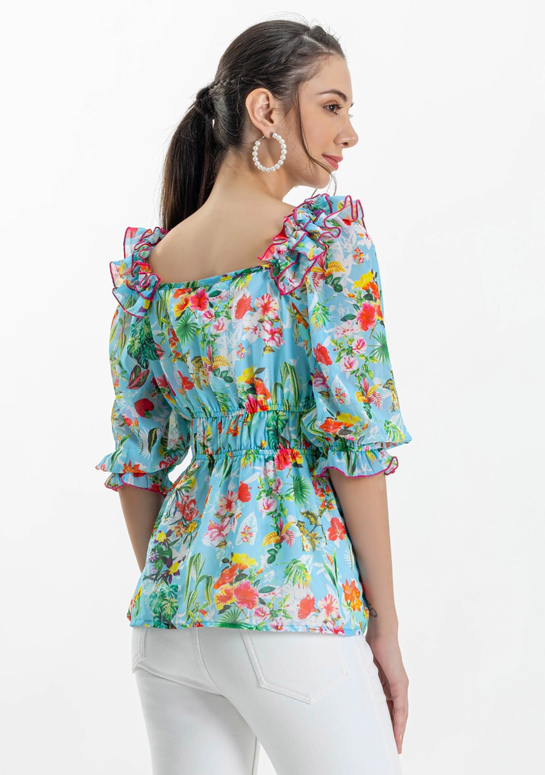 Blue Tropical Print Georgette Peplum Top