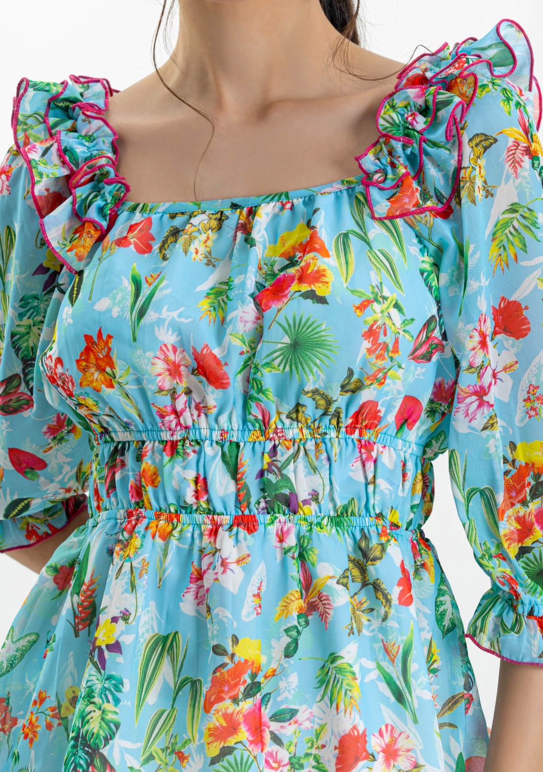 Blue Tropical Print Georgette Peplum Top