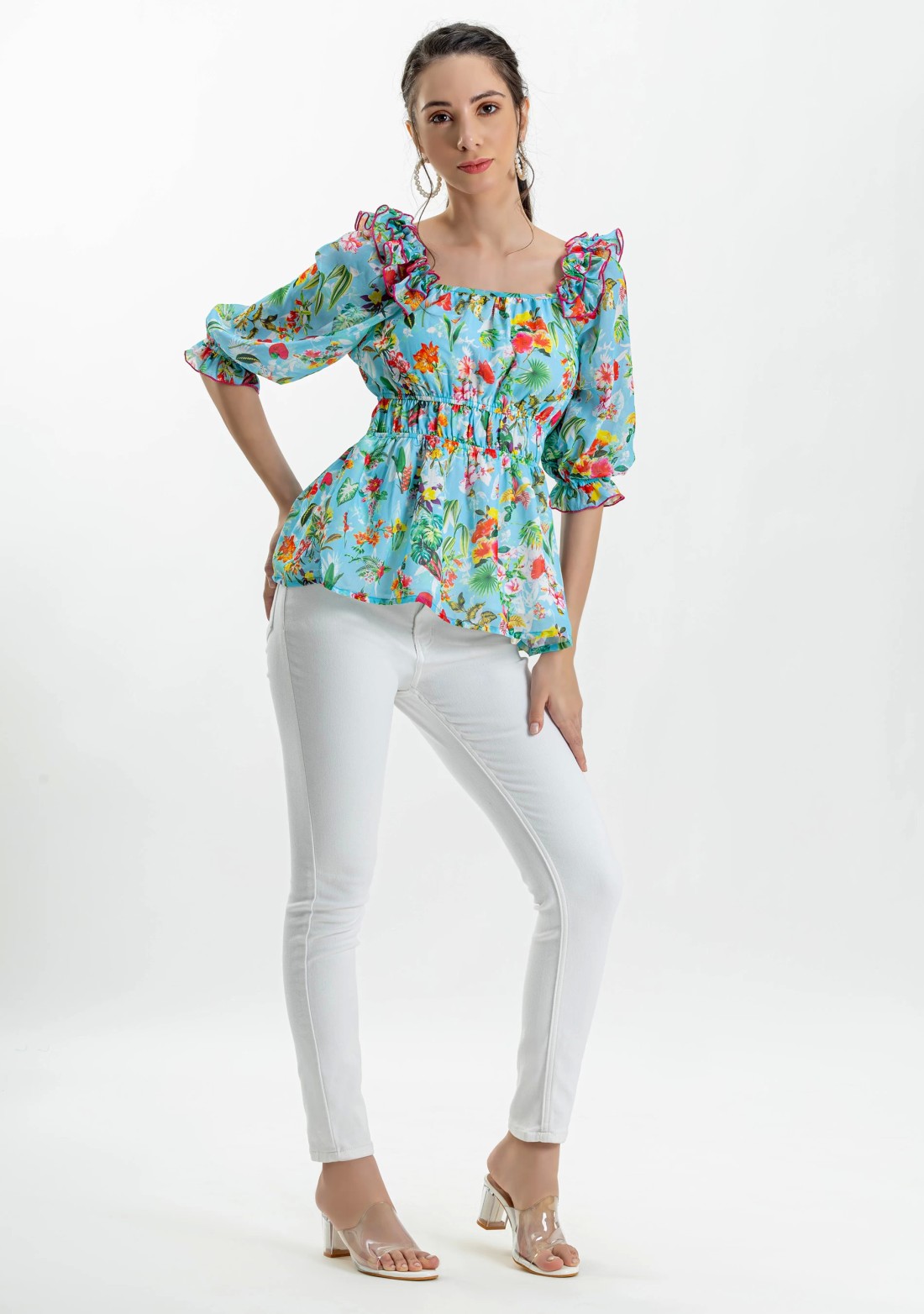 Blue Tropical Print Georgette Peplum Top