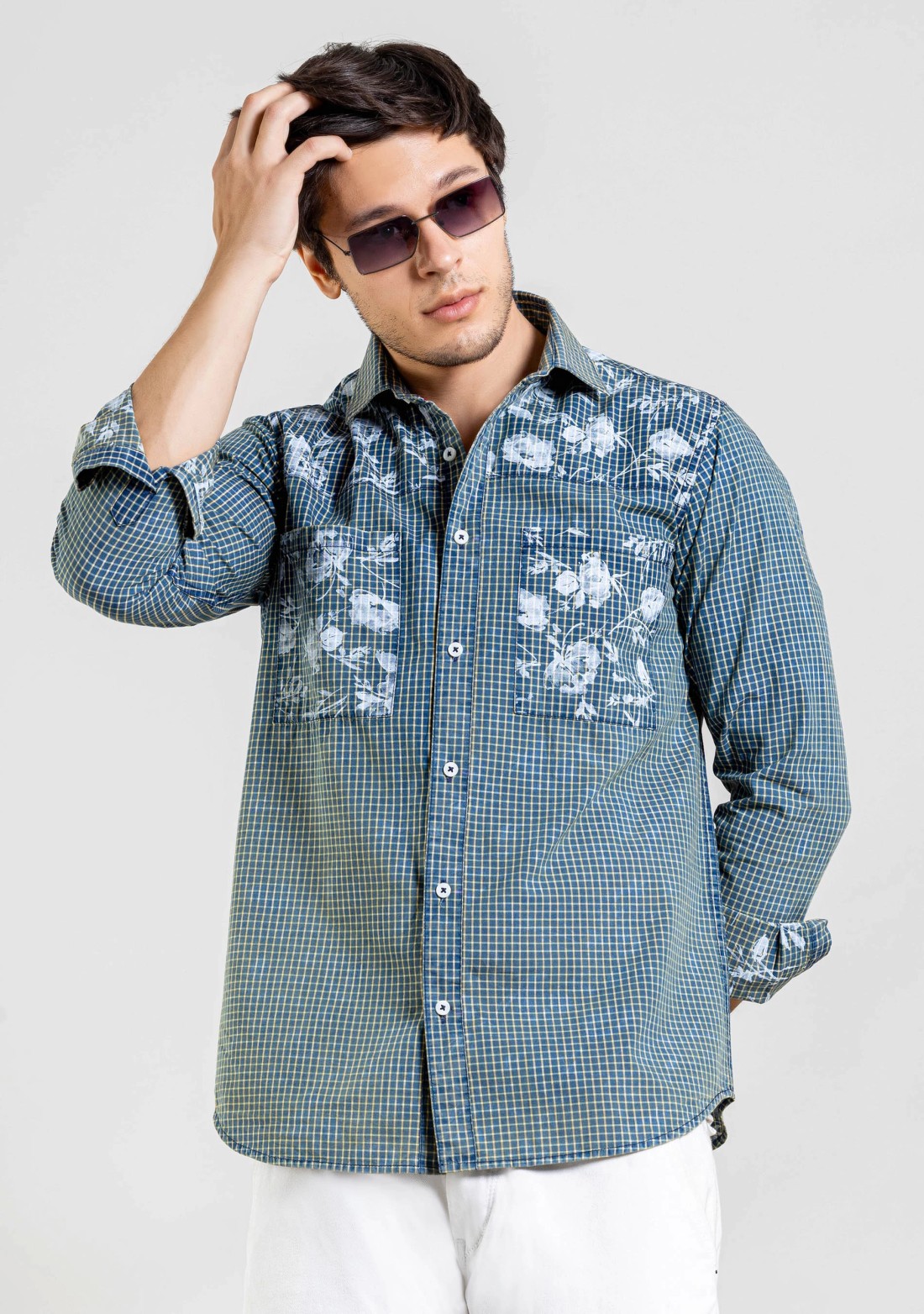 Blue Floral Print Regular Fit Cotton Check Shirt