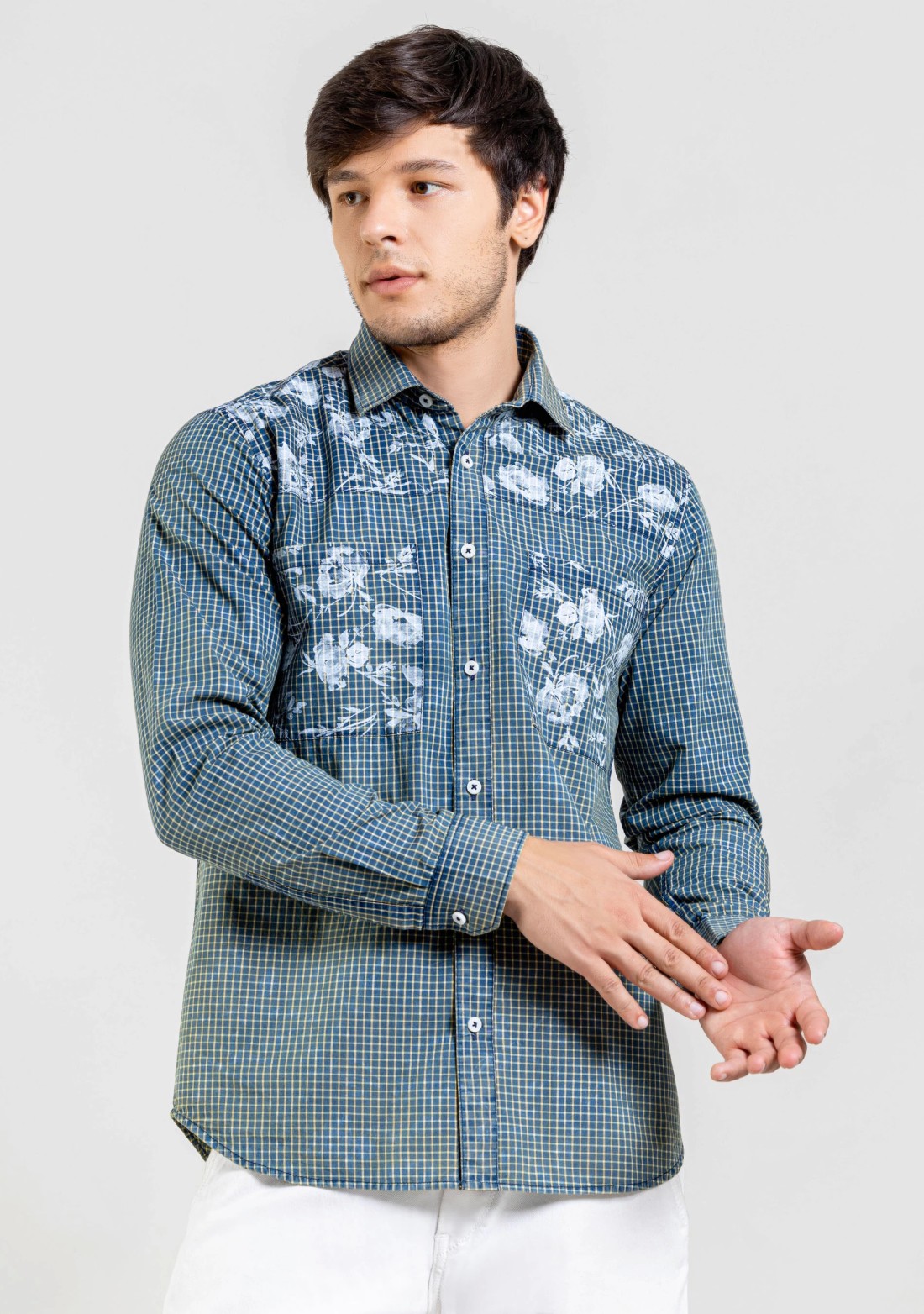 Blue Floral Print Regular Fit Cotton Check Shirt