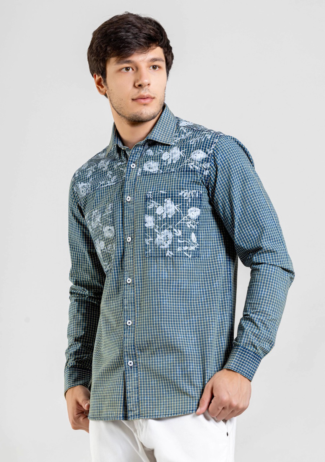 Blue Floral Print Regular Fit Cotton Check Shirt