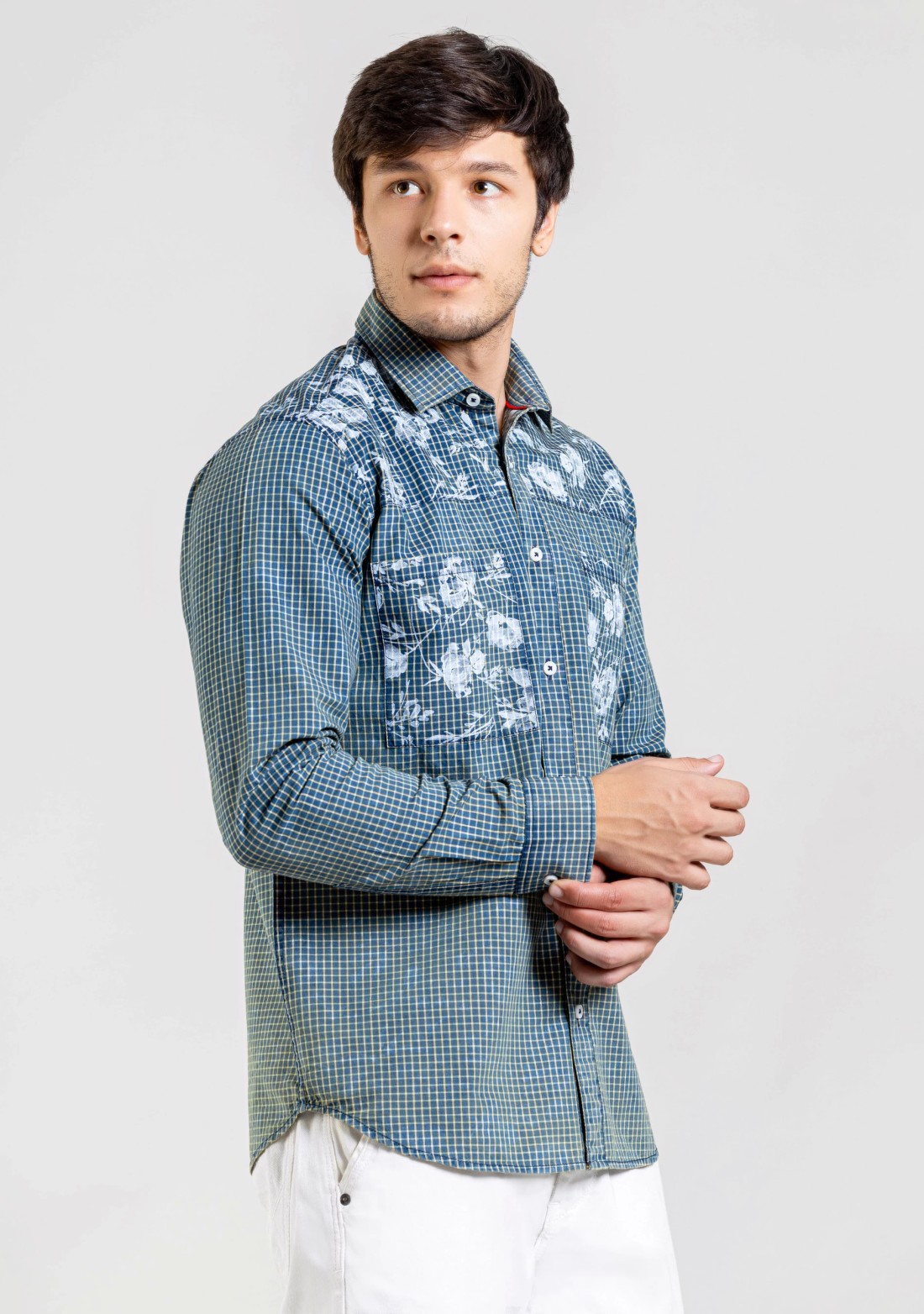 Blue Floral Print Regular Fit Cotton Check Shirt