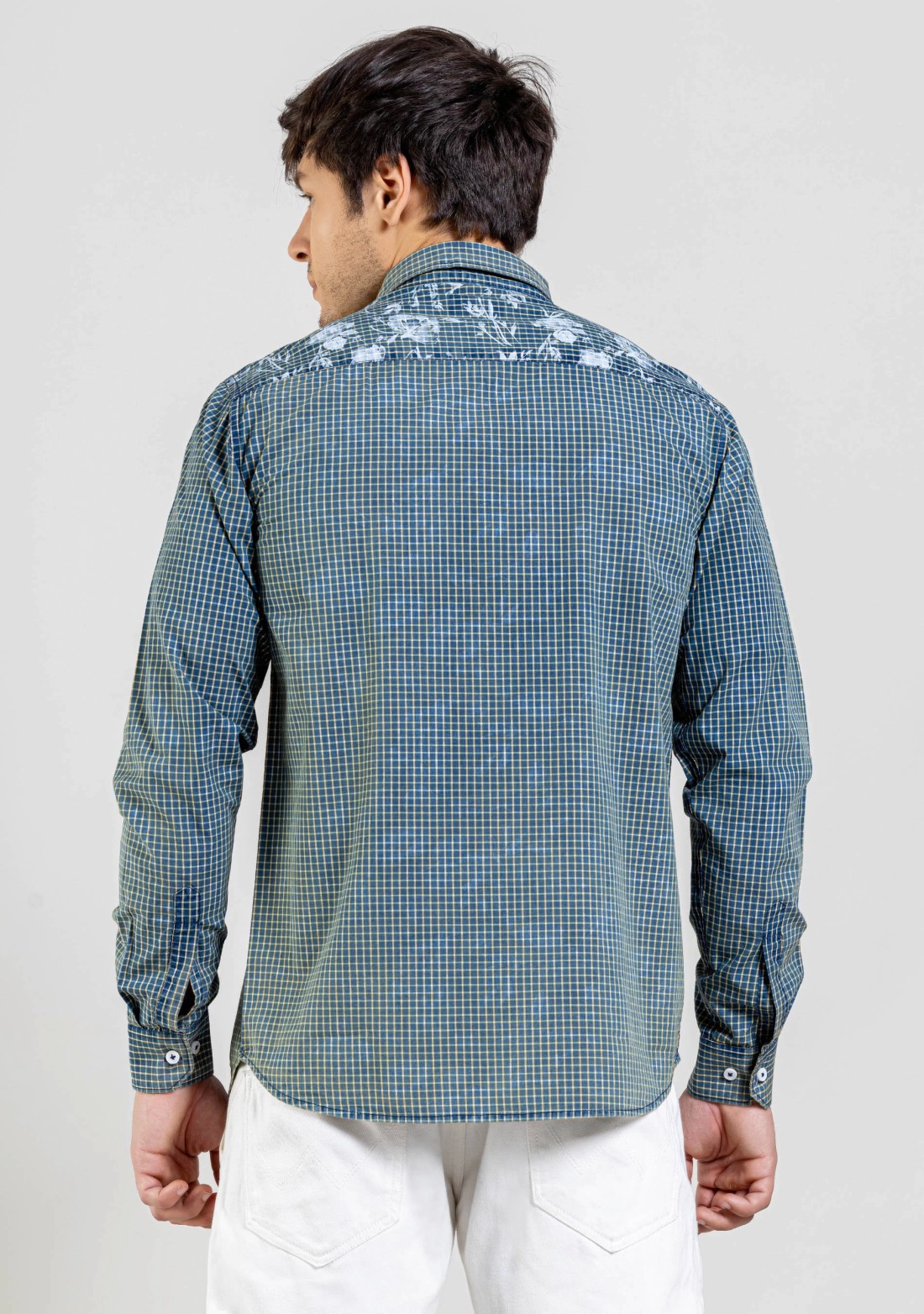 Blue Floral Print Regular Fit Cotton Check Shirt