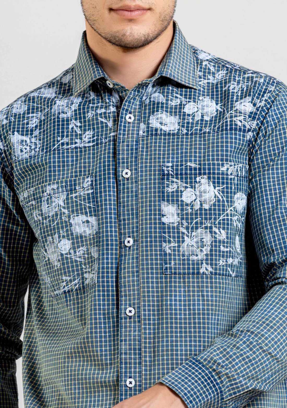 Blue Floral Print Regular Fit Cotton Check Shirt