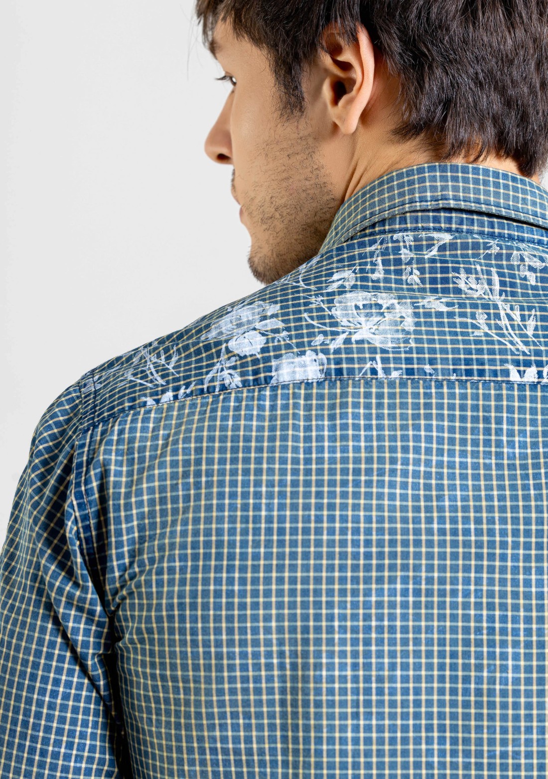 Blue Floral Print Regular Fit Cotton Check Shirt