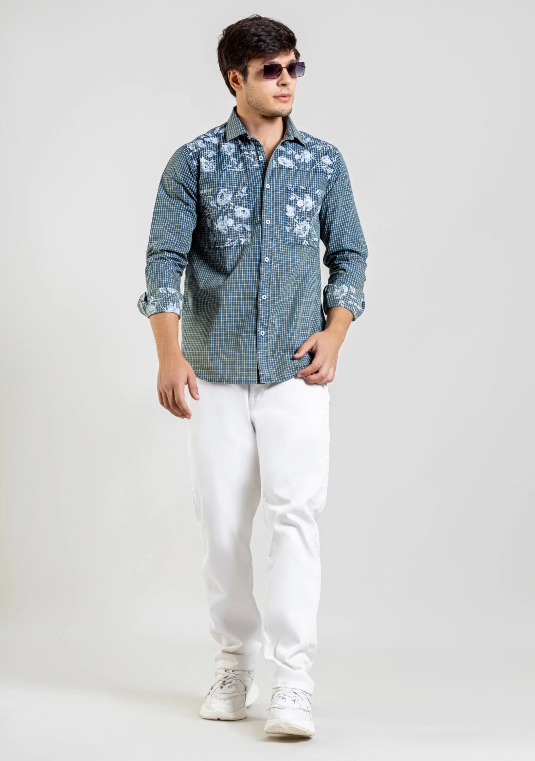 Blue Floral Print Regular Fit Cotton Check Shirt