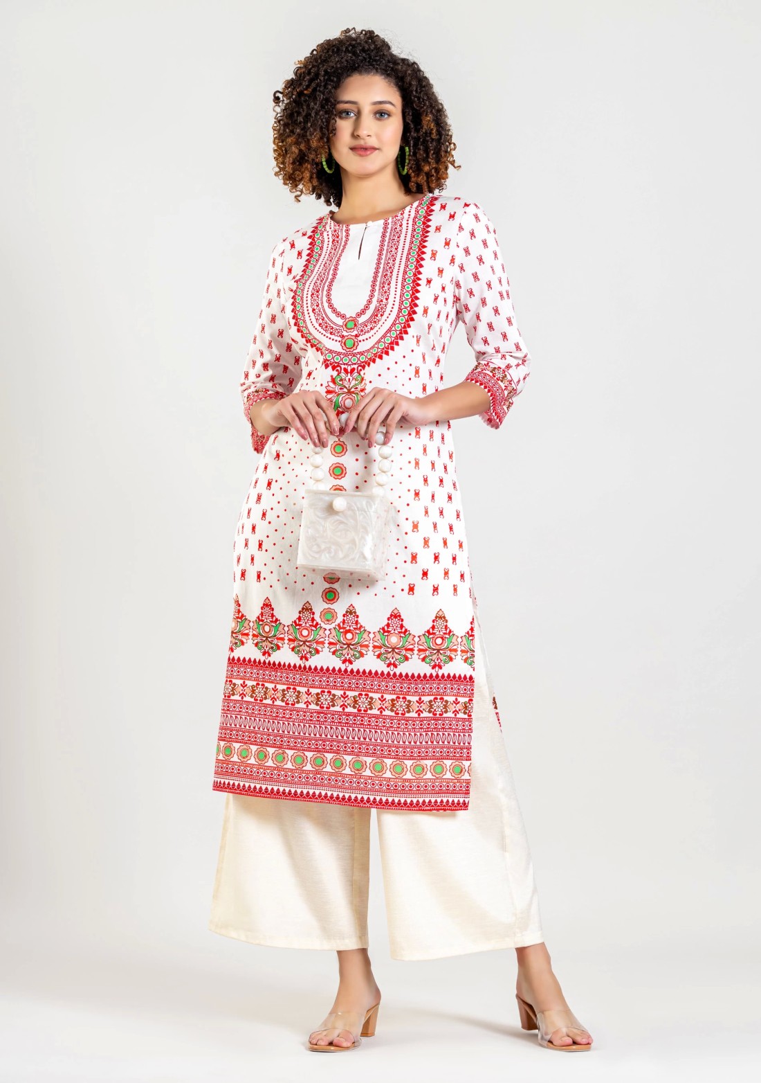 White Ethnic Print Cotton Straight Kurta