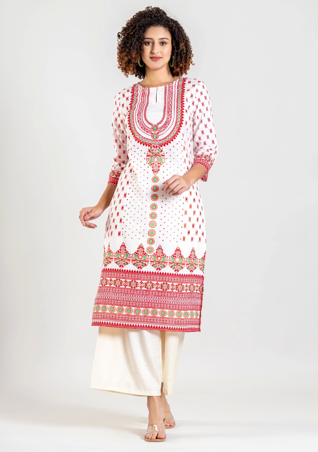 White Ethnic Print Cotton Straight Kurta