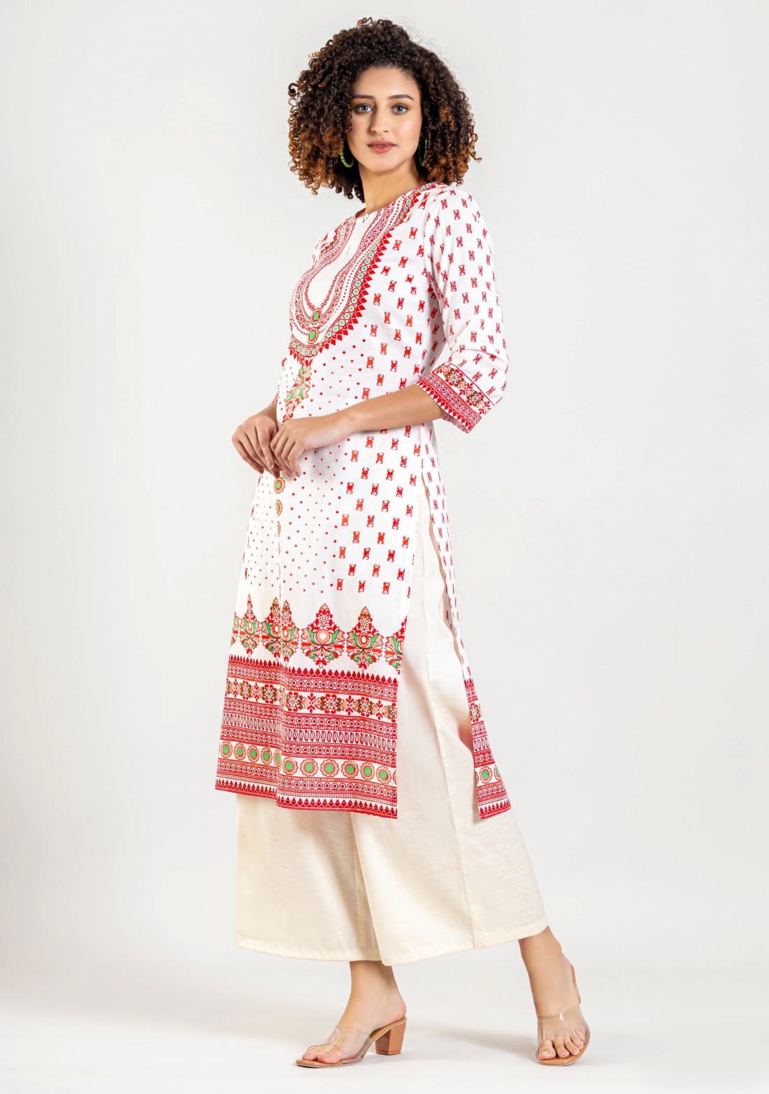 White Ethnic Print Cotton Straight Kurta