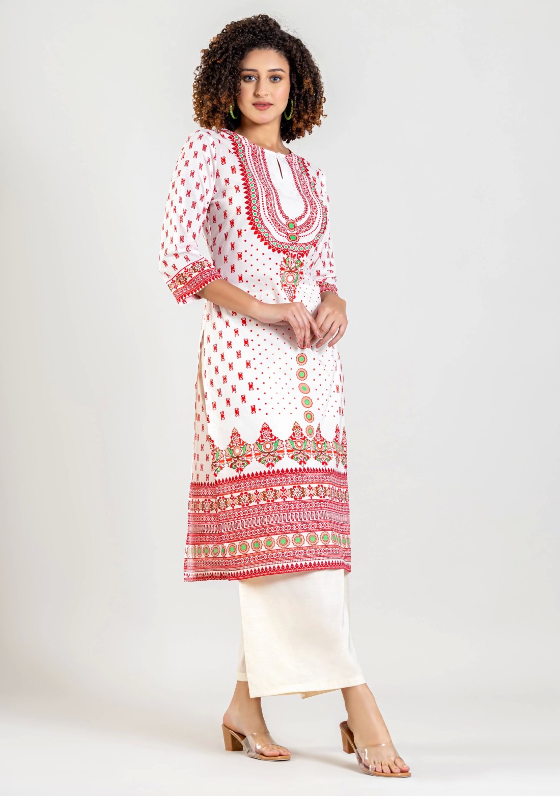 White Ethnic Print Cotton Straight Kurta