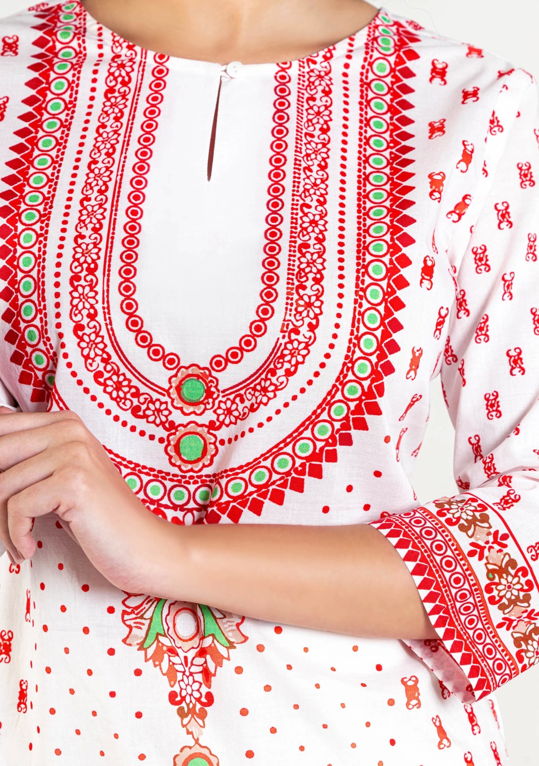 White Ethnic Print Cotton Straight Kurta