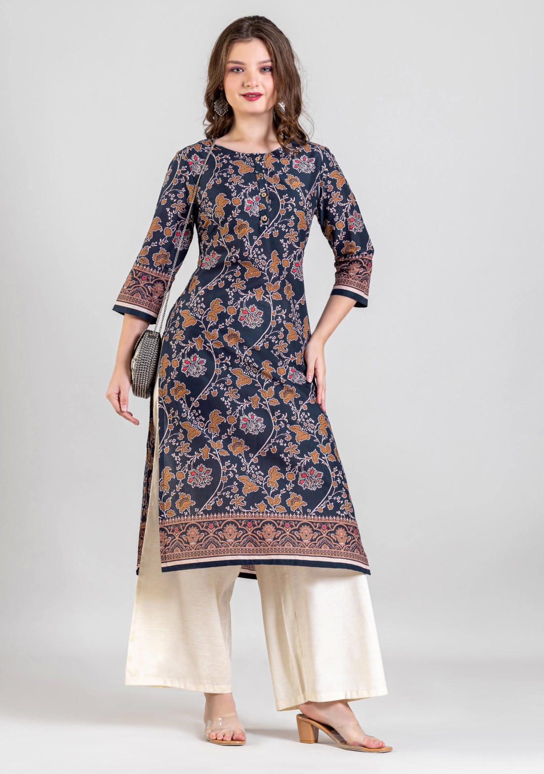 Navy Blue Floral Print Cotton Straight Kurta