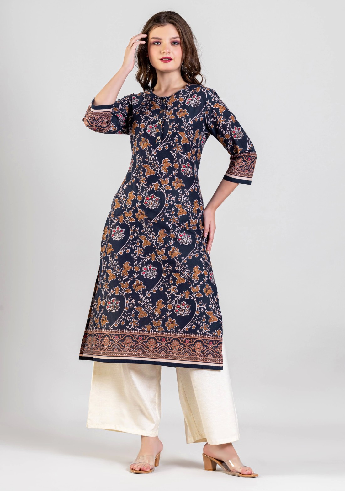 Navy Blue Floral Print Cotton Straight Kurta