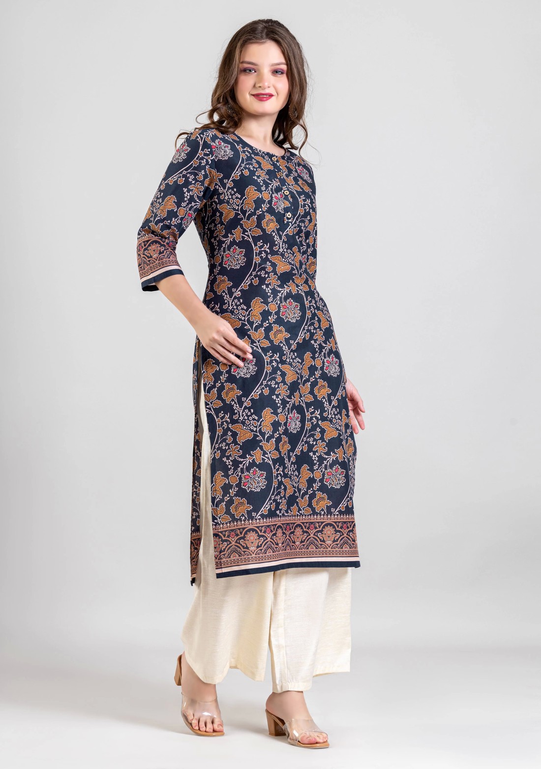 Navy Blue Floral Print Cotton Straight Kurta