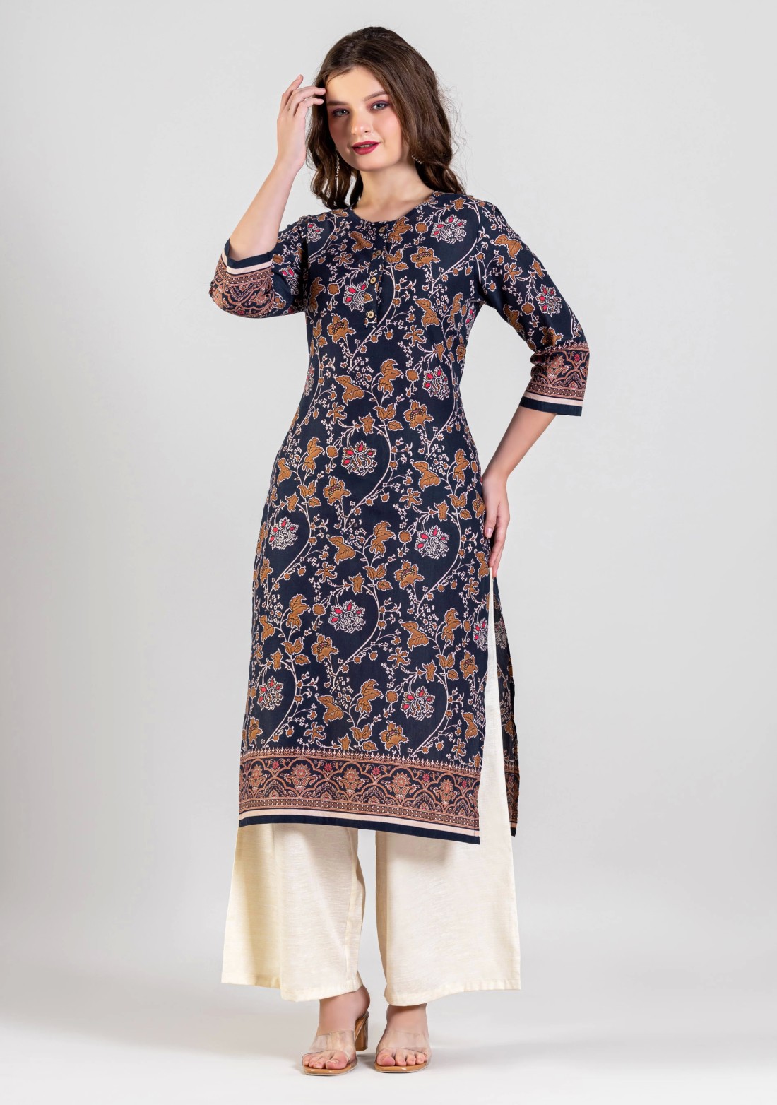 Navy Blue Floral Print Cotton Straight Kurta