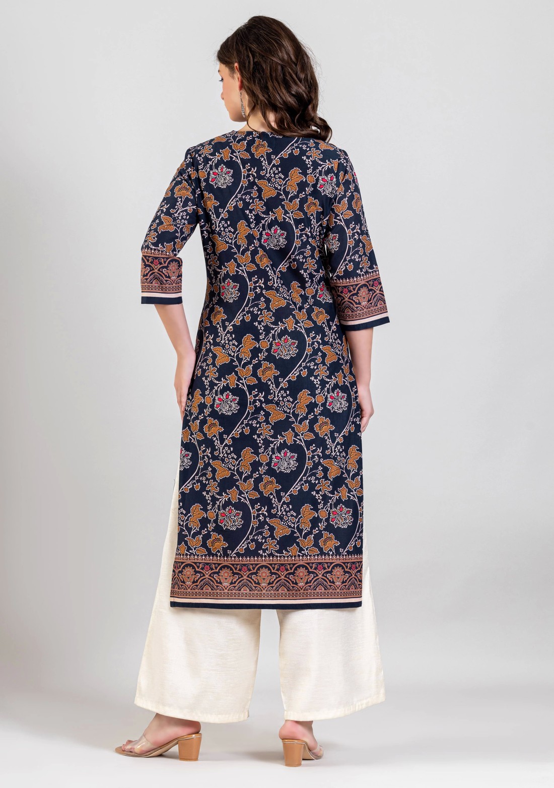 Navy Blue Floral Print Cotton Straight Kurta