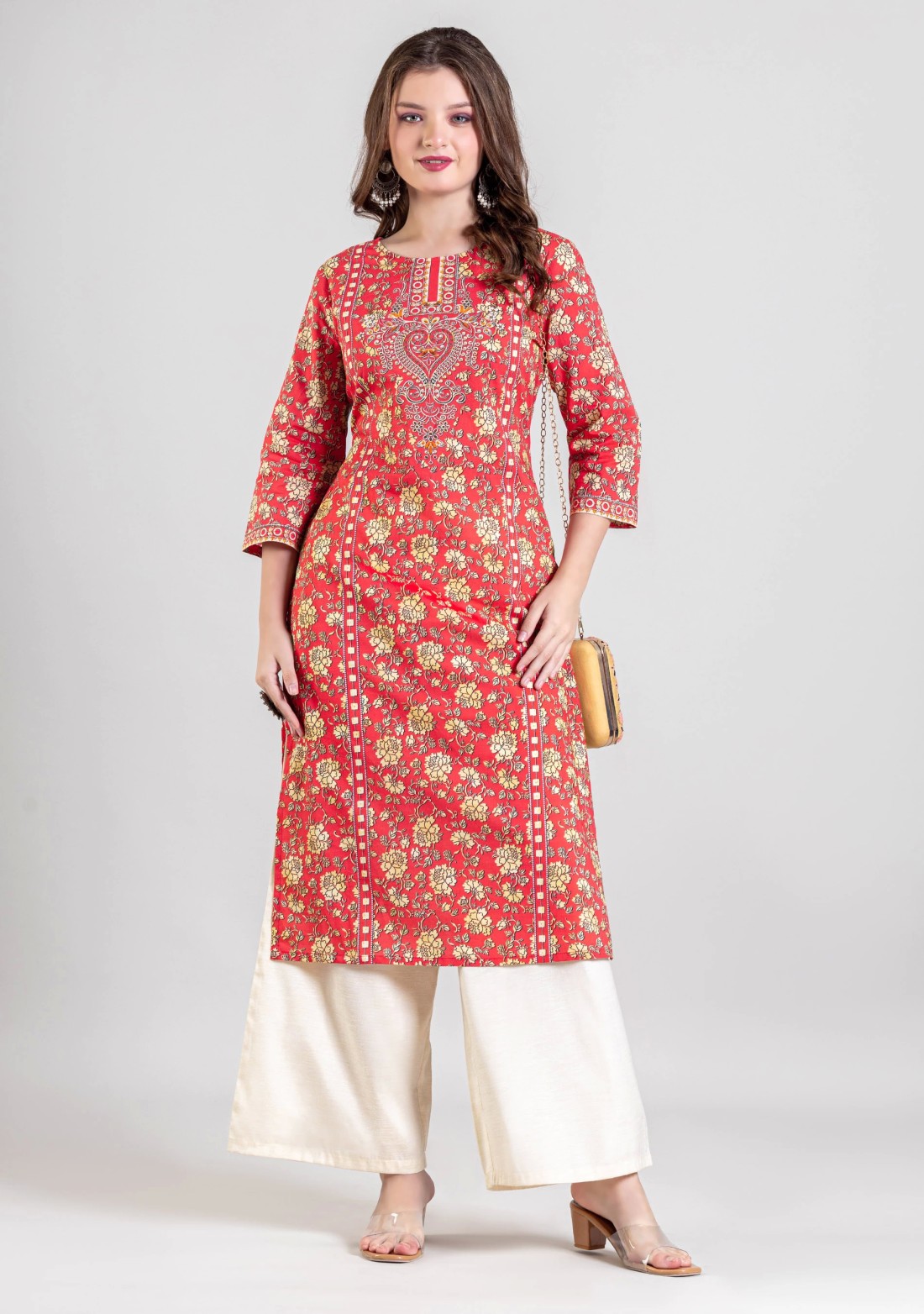 Dark Pink Ethnic Floral Print Straight Cotton Kurta