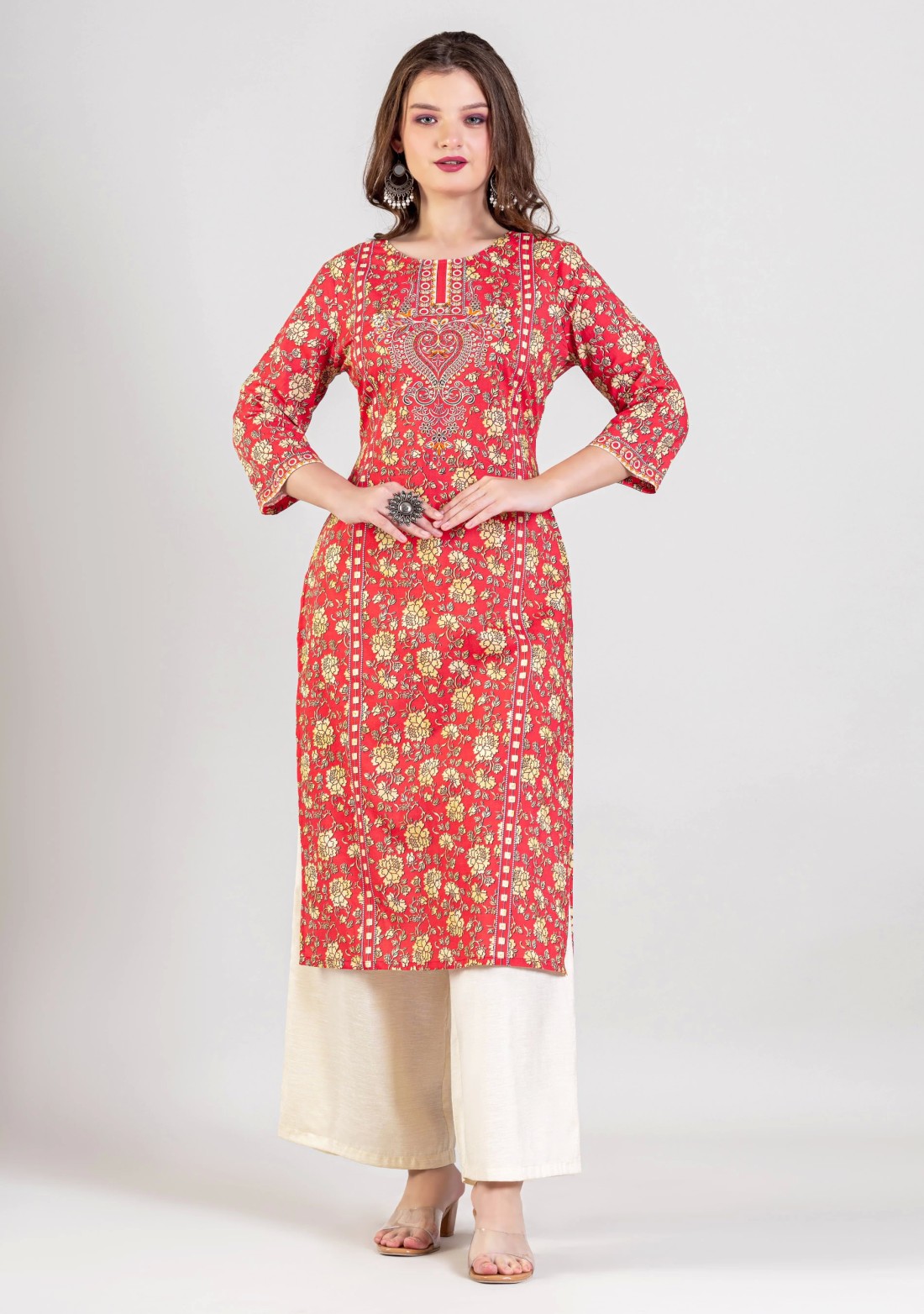 Dark Pink Ethnic Floral Print Straight Cotton Kurta