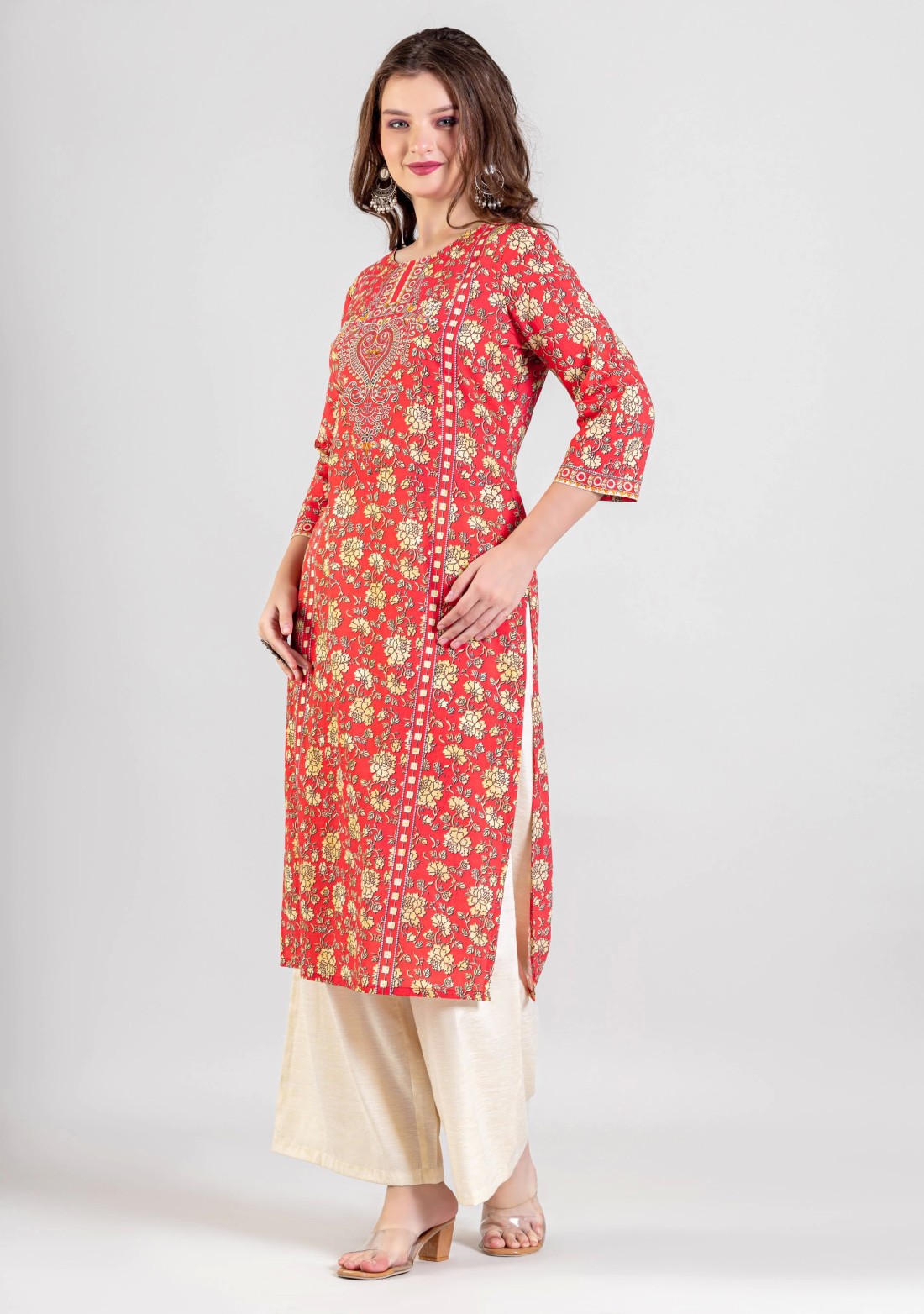 Dark Pink Ethnic Floral Print Straight Cotton Kurta