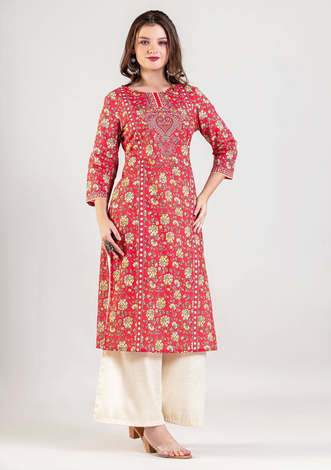 Dark Pink Ethnic Floral Print Straight Cotton Kurta