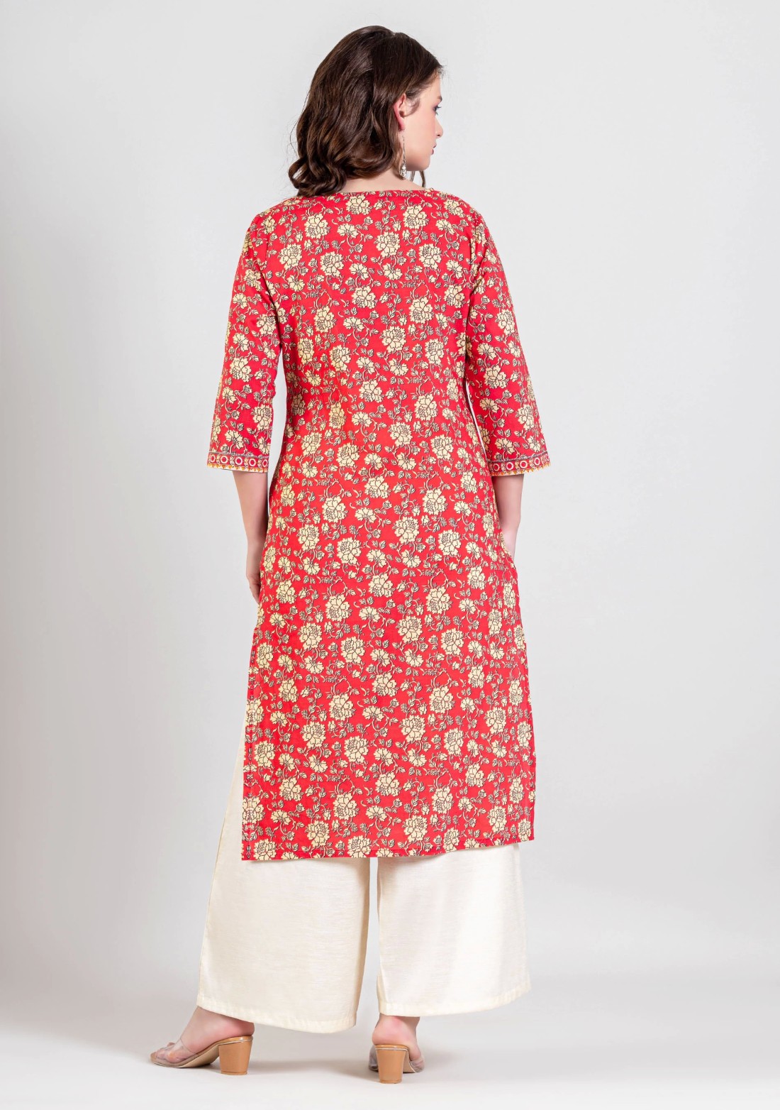 Dark Pink Ethnic Floral Print Straight Cotton Kurta