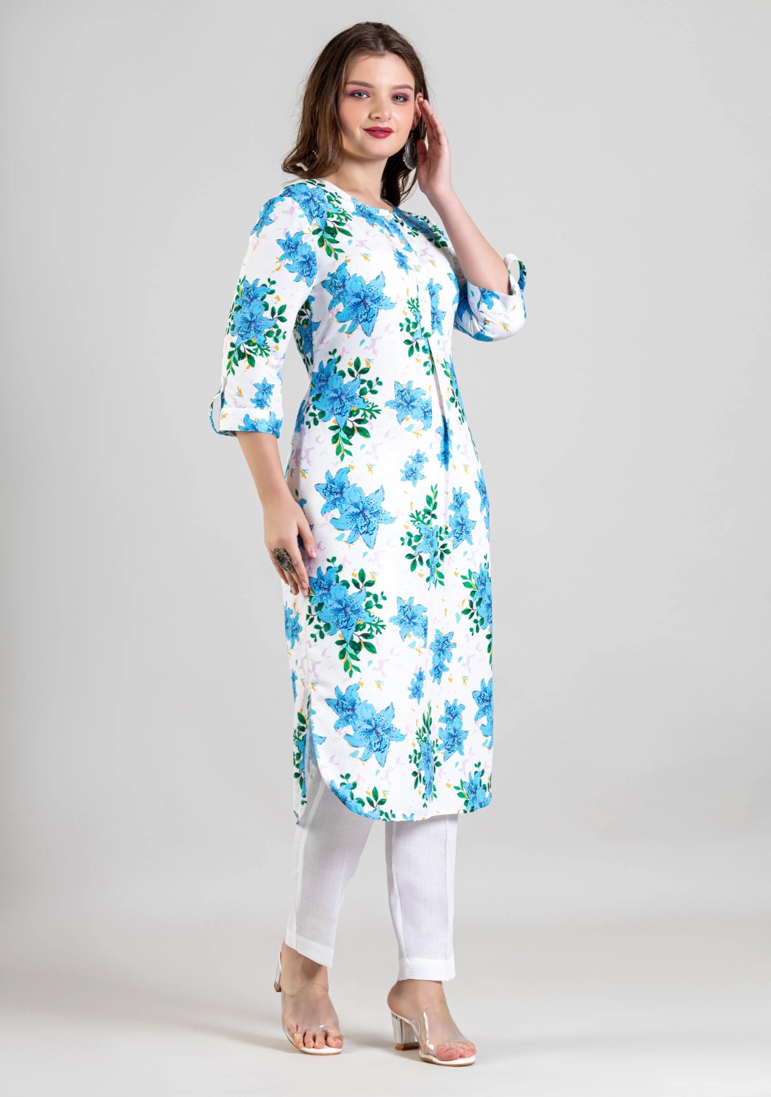 White Floral Print Cotton Straight Kurta