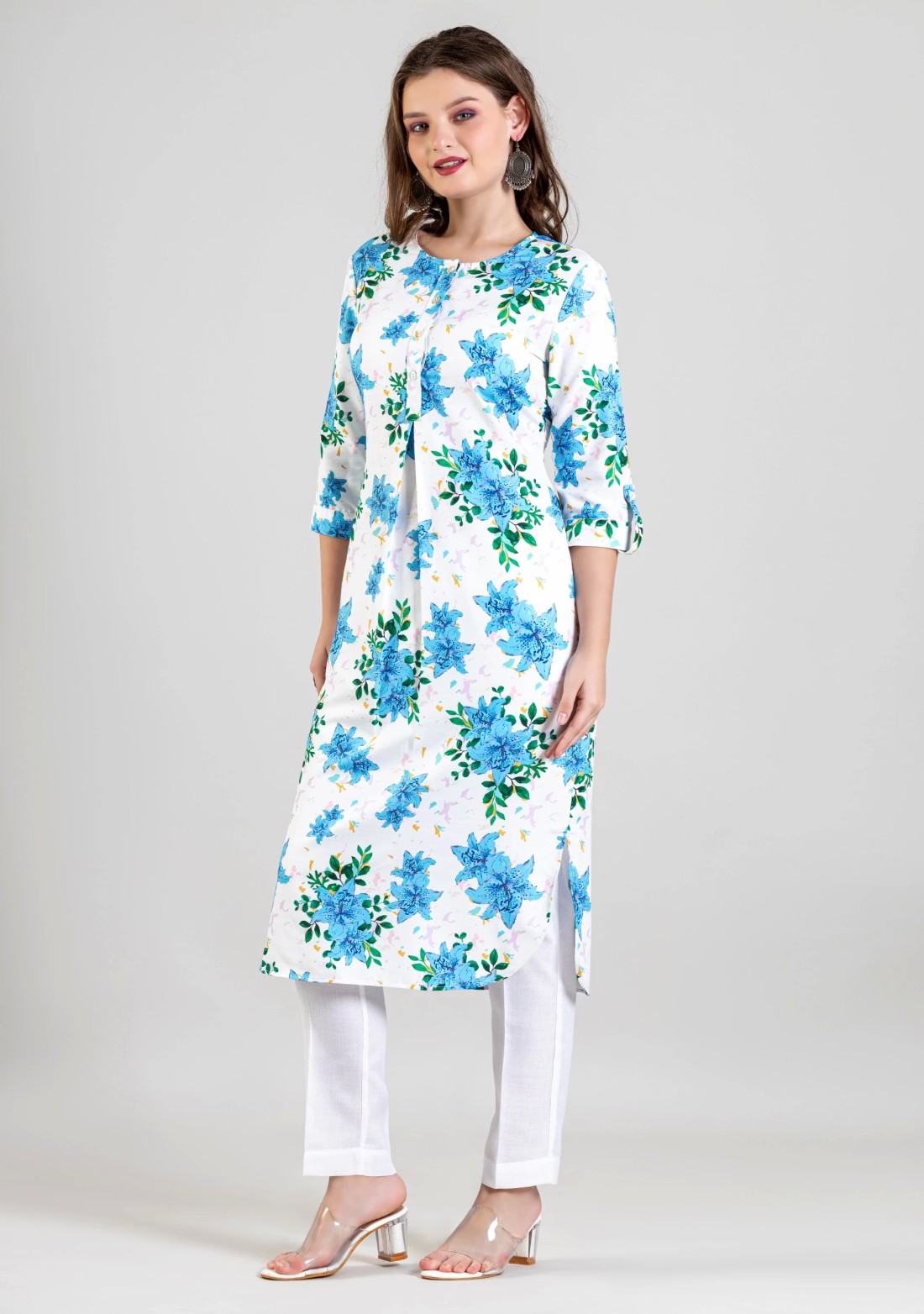 White Floral Print Cotton Straight Kurta