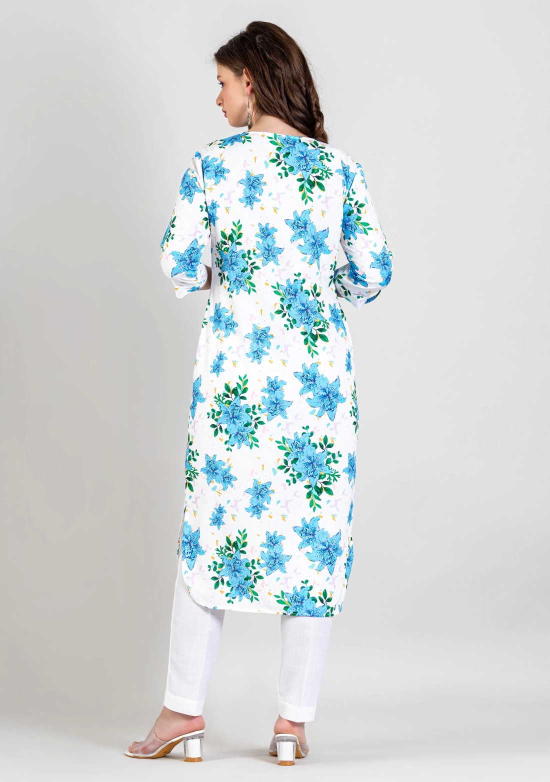 White Floral Print Cotton Straight Kurta