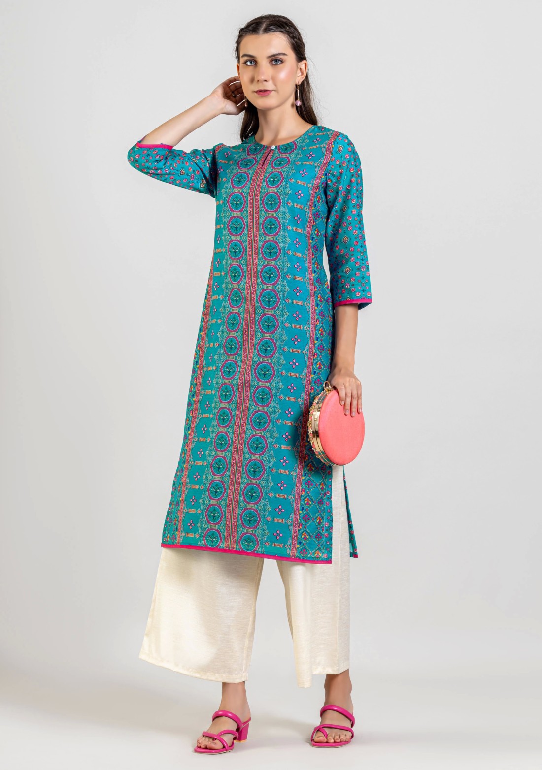 Blue Ethnic Print Cotton Straight Kurta