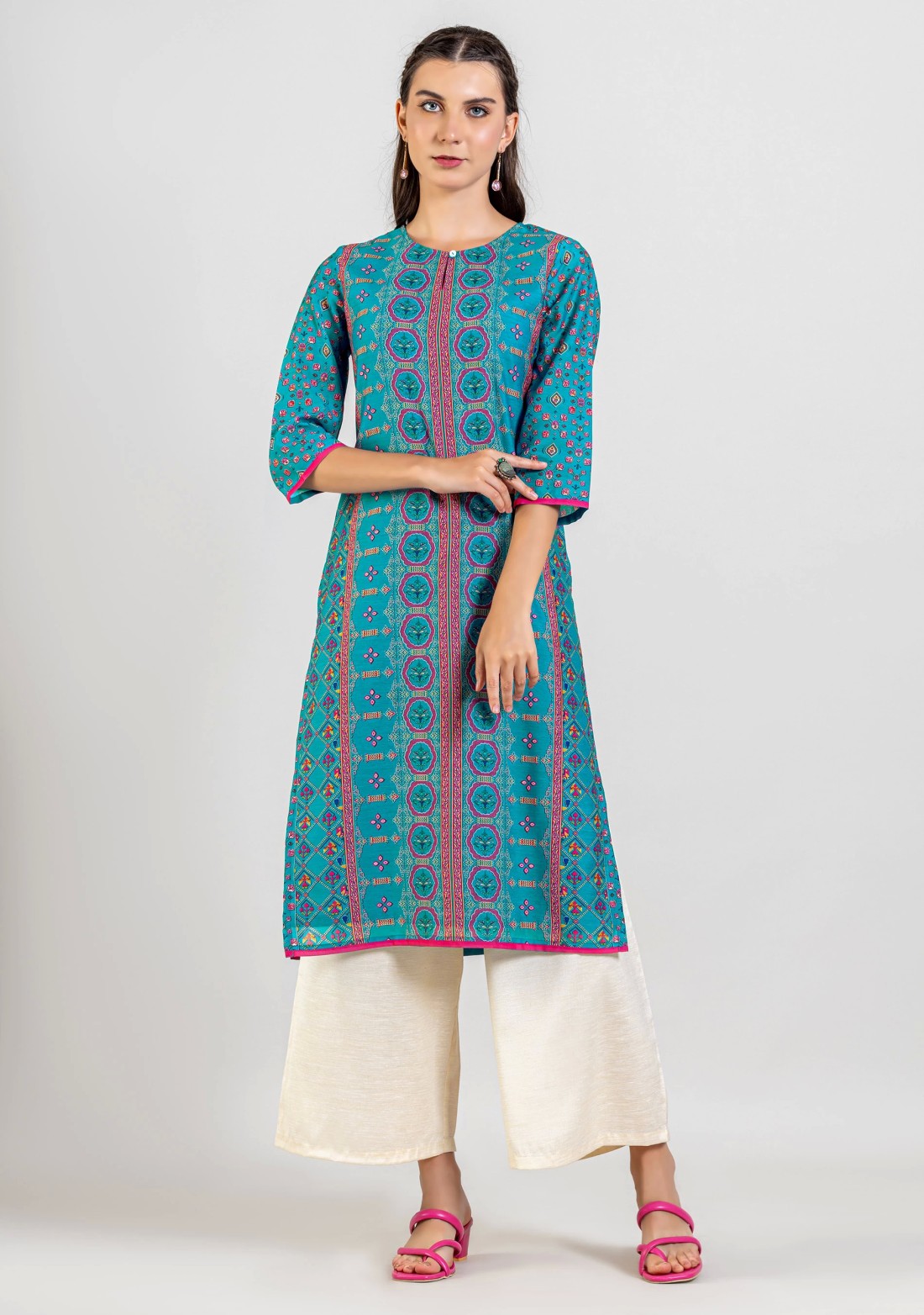 Blue Ethnic Print Cotton Straight Kurta